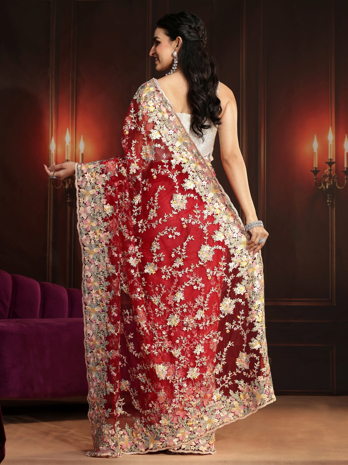 Anouk Art Vermilion Red Floral Embroidered Net Saree