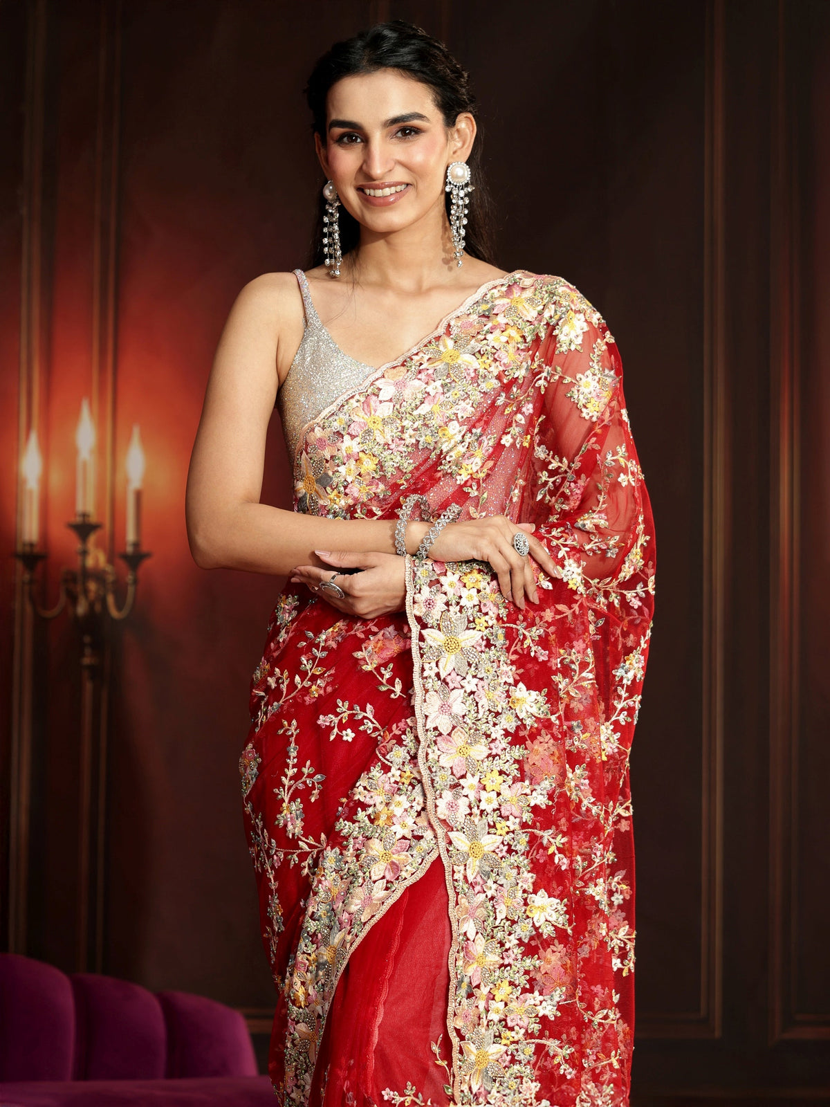 Anouk Art Vermilion Red Floral Embroidered Net Saree