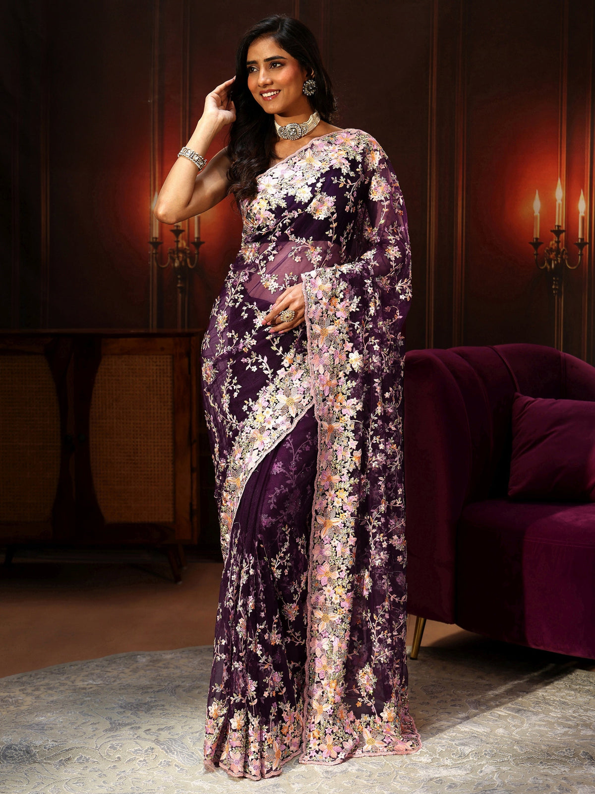 Anouk Art Plum Purple Floral Embroidered Net Saree