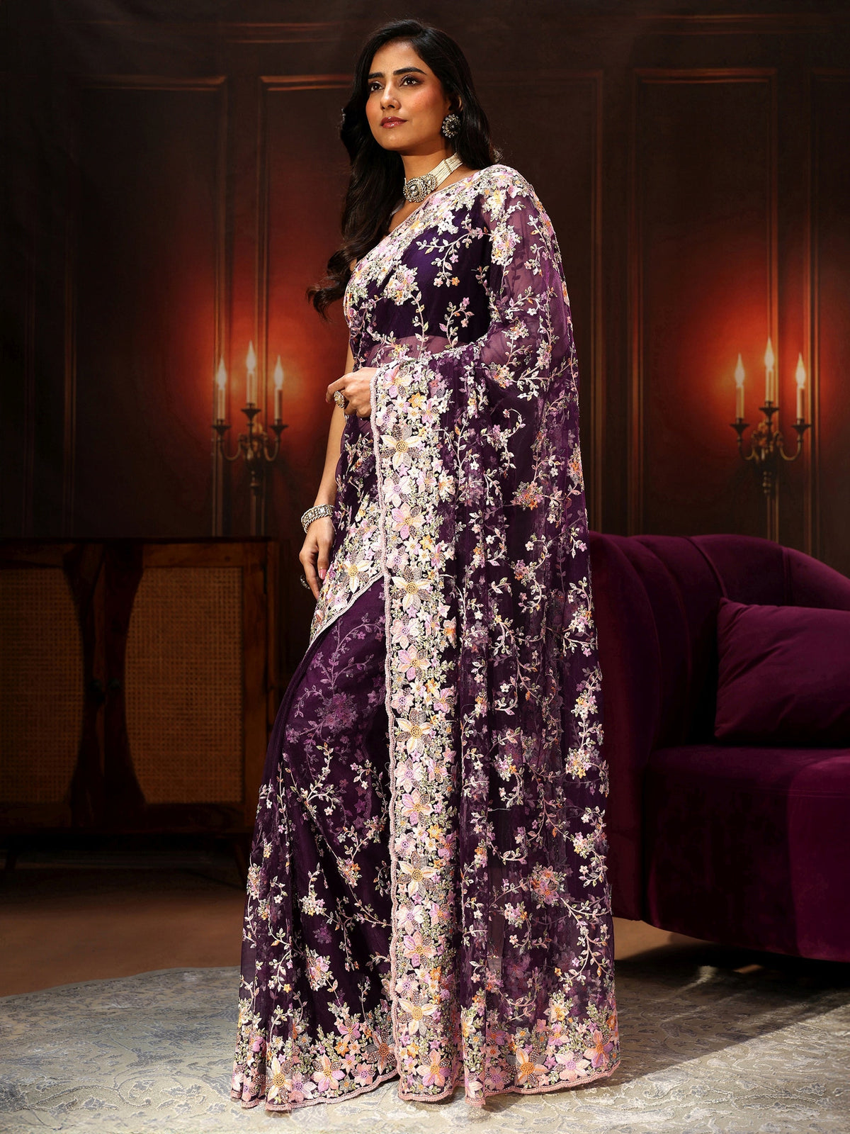 Anouk Art Plum Purple Floral Embroidered Net Saree