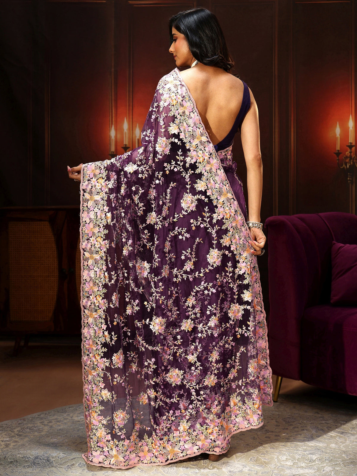 Anouk Art Plum Purple Floral Embroidered Net Saree