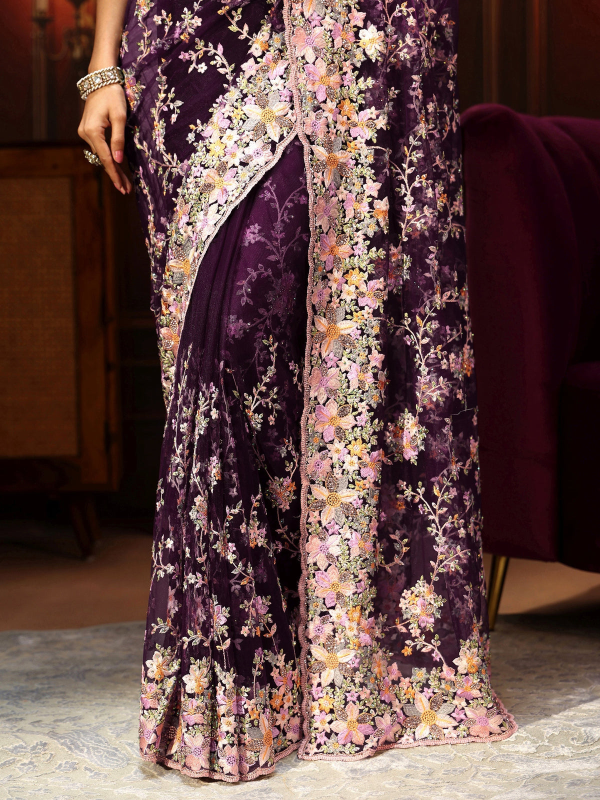 Anouk Art Plum Purple Floral Embroidered Net Saree
