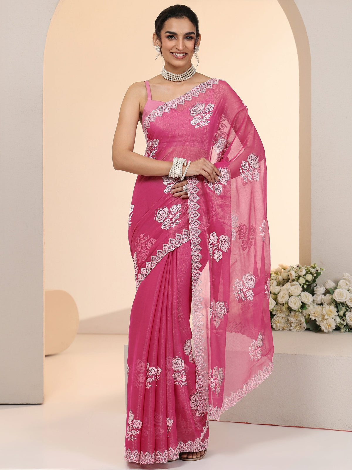 Anouk Fuchsia Pink Floral Embroidered Chiffon Saree