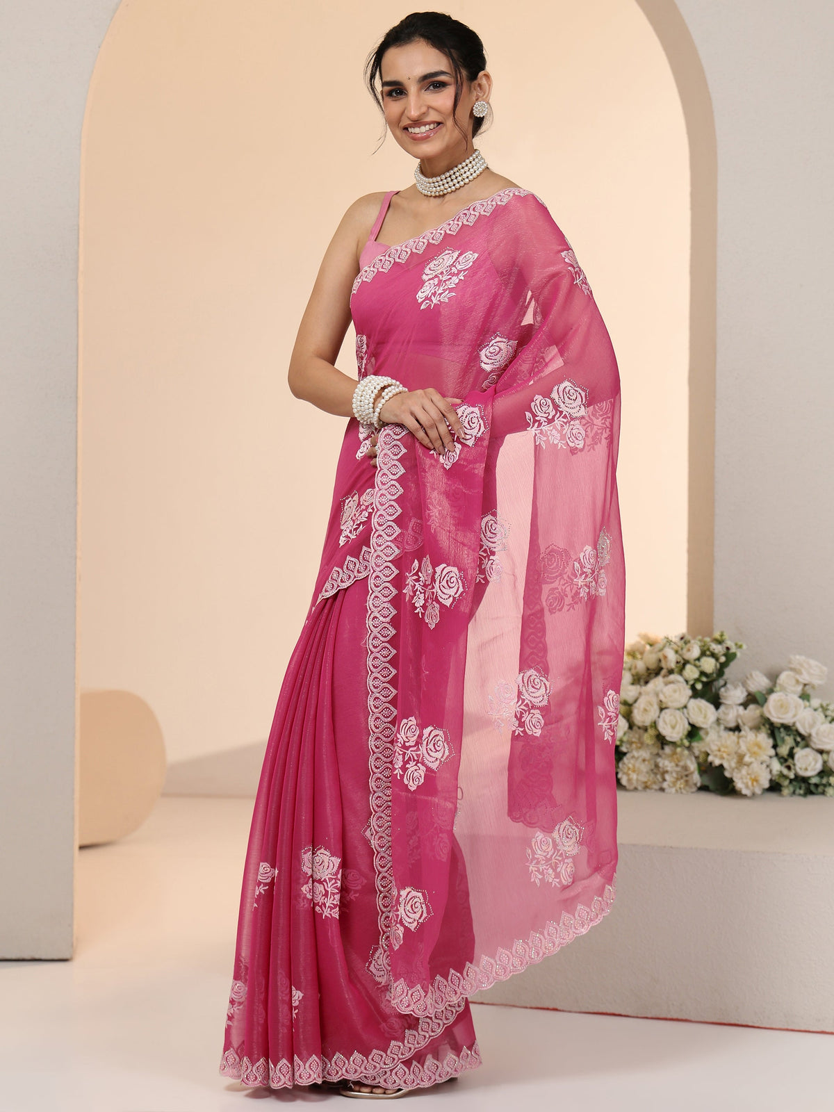Anouk Fuchsia Pink Floral Embroidered Chiffon Saree