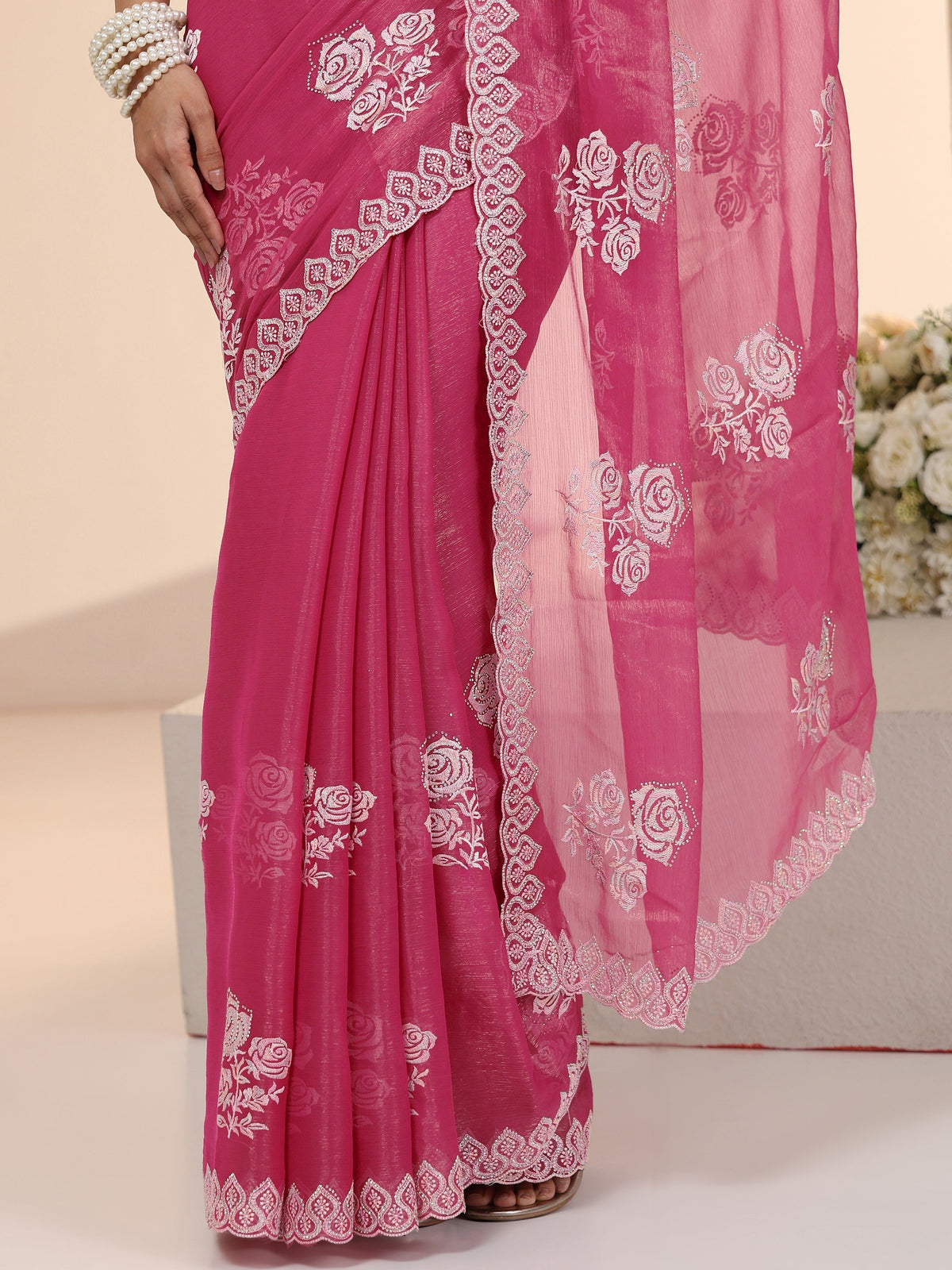 Anouk Fuchsia Pink Floral Embroidered Chiffon Saree