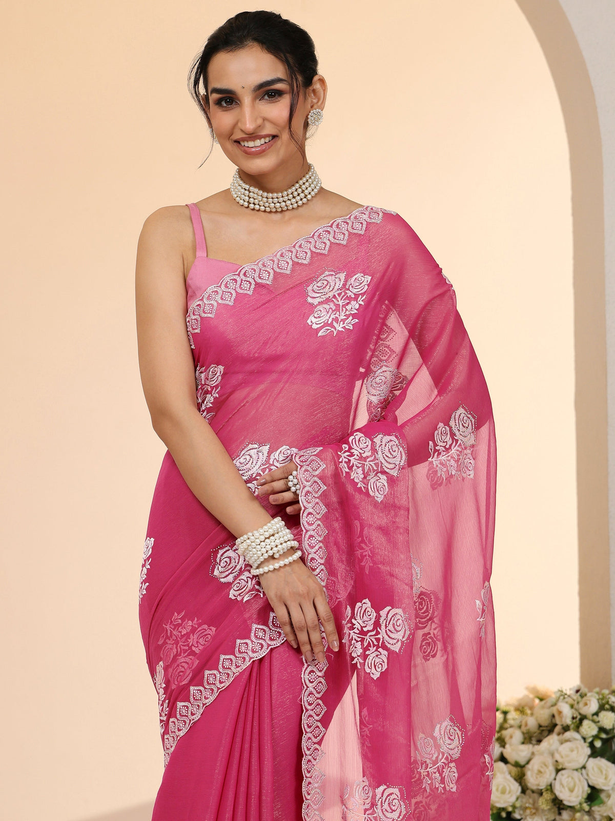 Anouk Fuchsia Pink Floral Embroidered Chiffon Saree