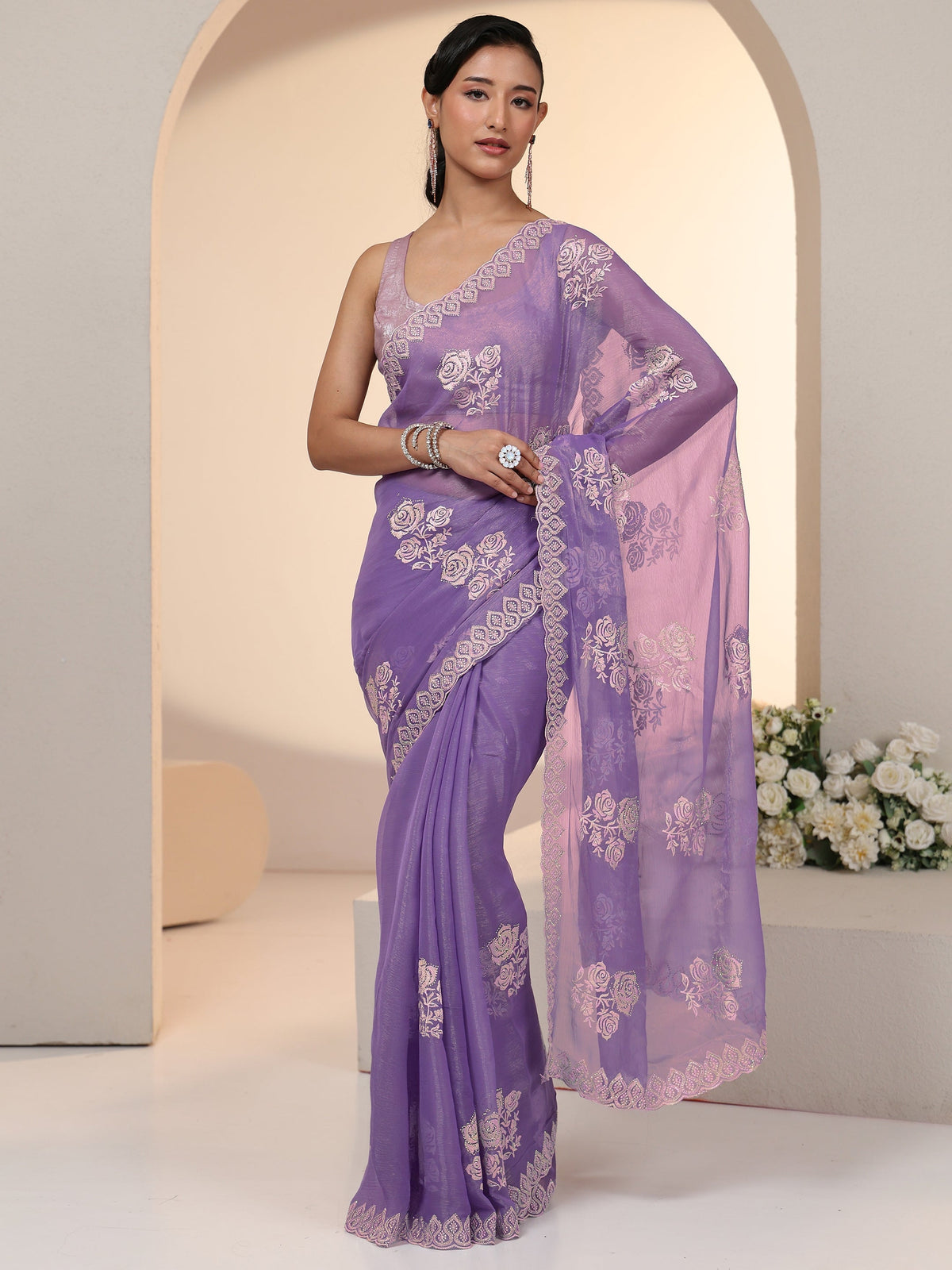 Anouk Lavender Floral Embroidered Chiffon Saree