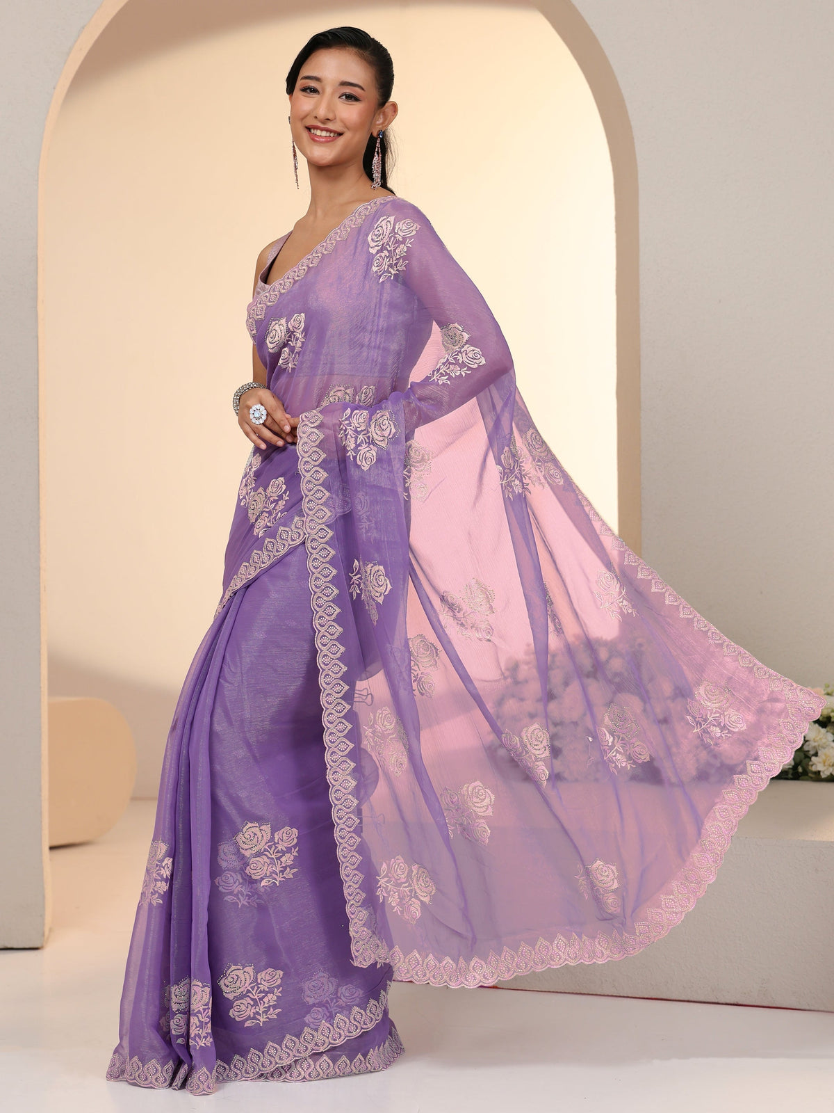 Anouk Lavender Floral Embroidered Chiffon Saree
