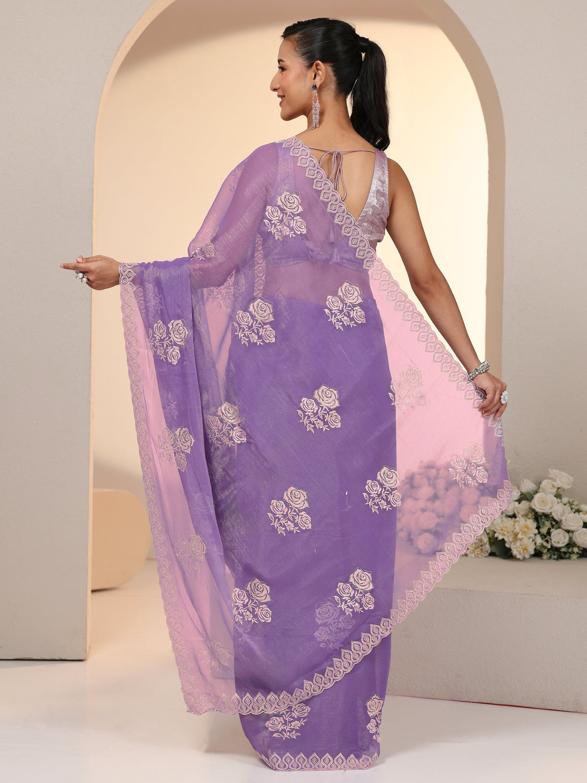 Anouk Lavender Floral Embroidered Chiffon Saree
