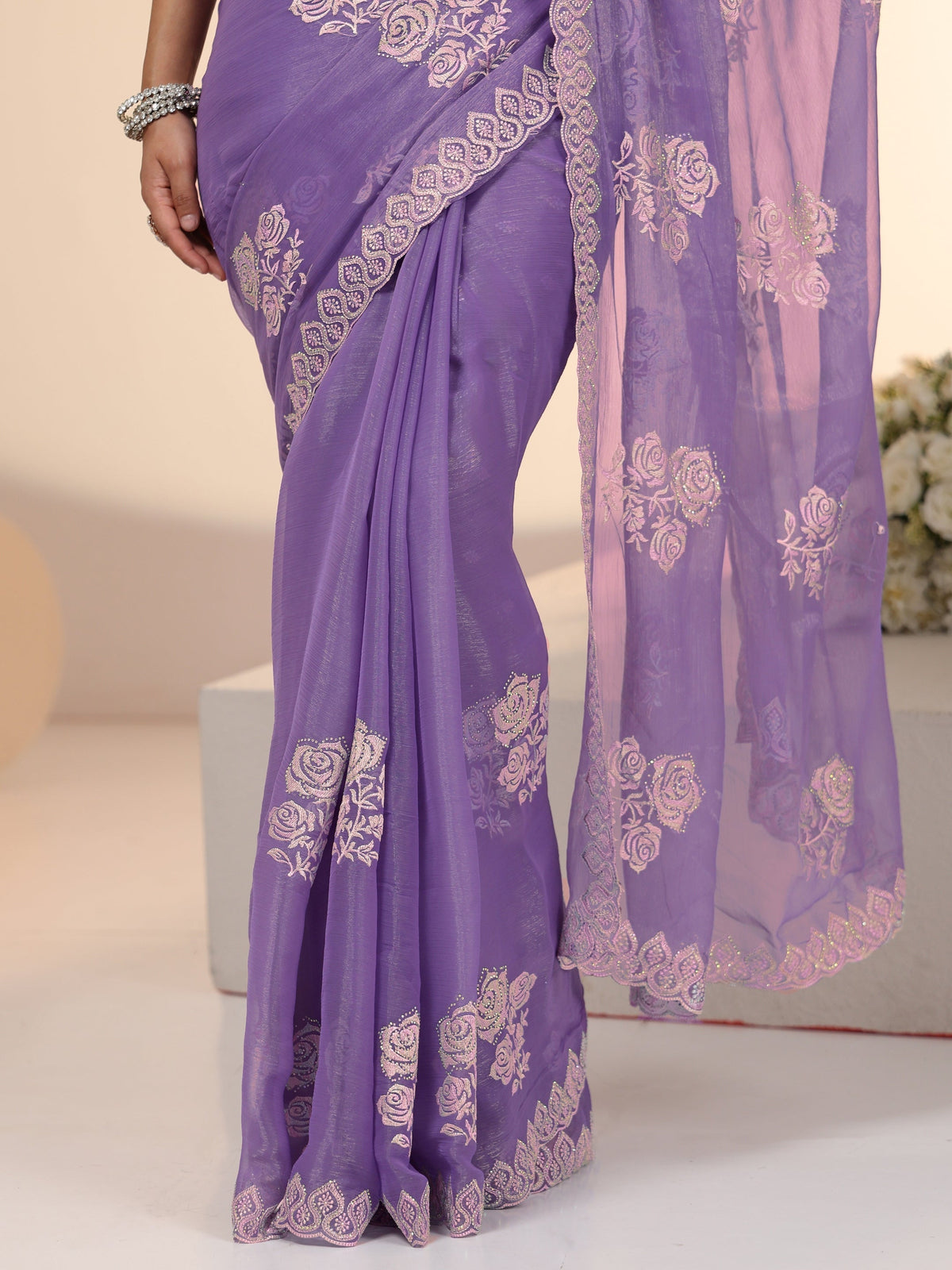 Anouk Lavender Floral Embroidered Chiffon Saree