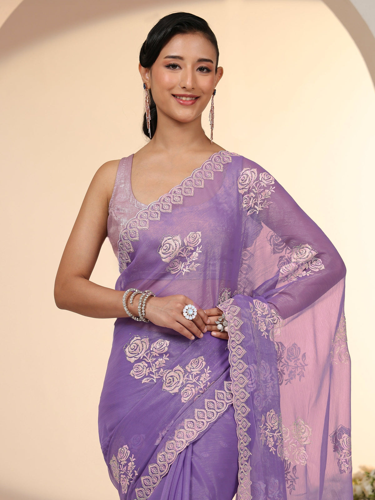 Anouk Lavender Floral Embroidered Chiffon Saree
