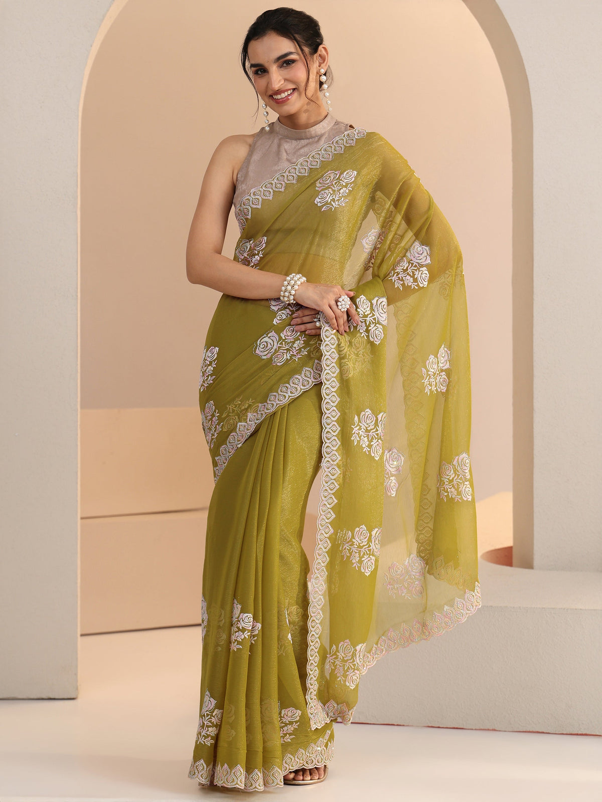 Anouk Light Henna Green Floral Embroidered Chiffon Saree