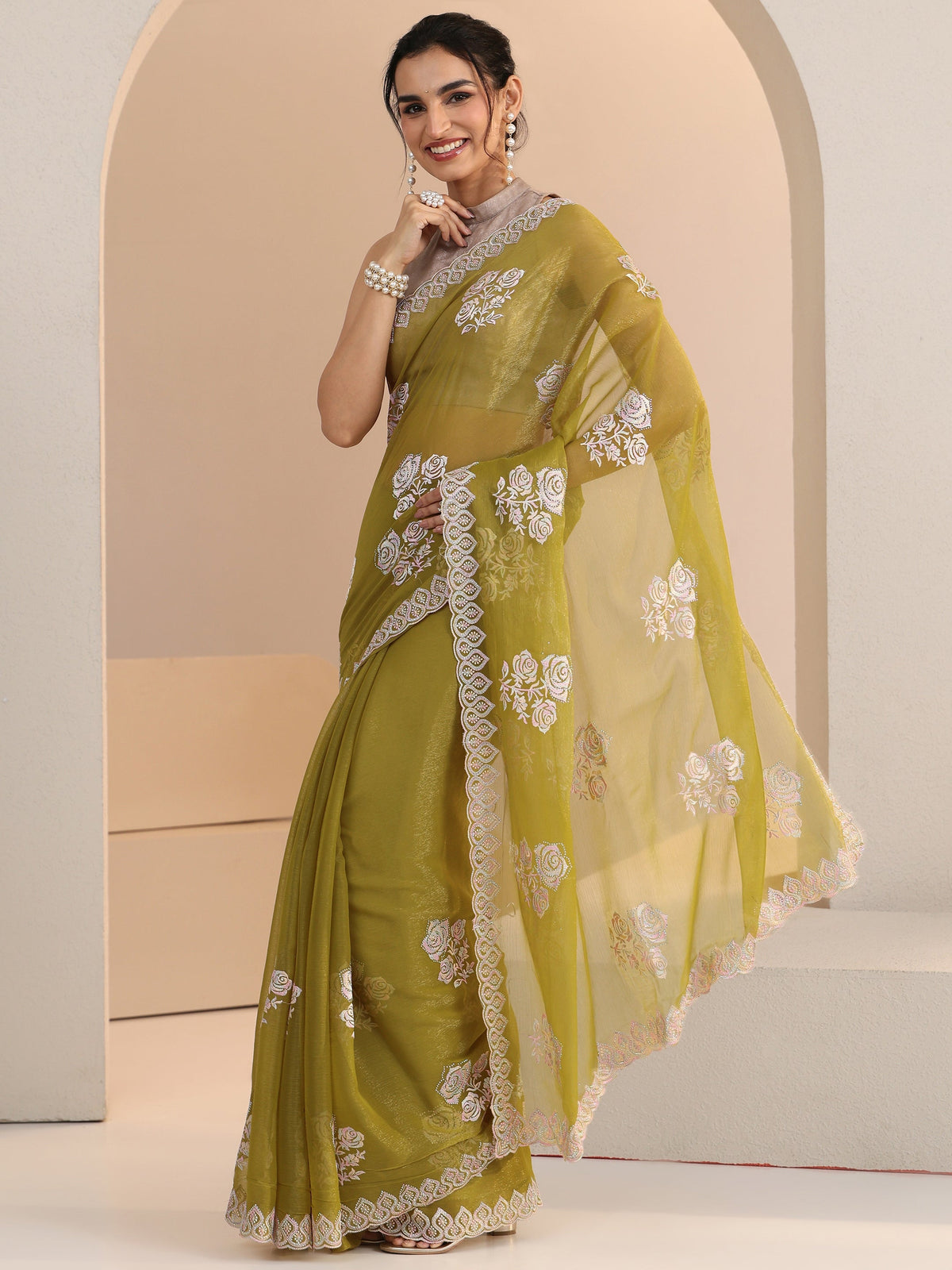 Anouk Light Henna Green Floral Embroidered Chiffon Saree