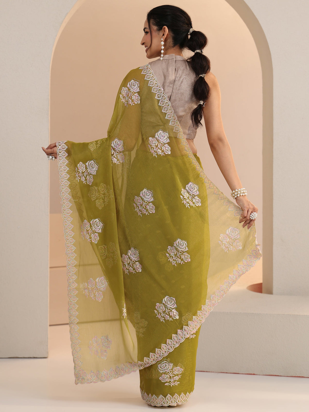 Anouk Light Henna Green Floral Embroidered Chiffon Saree