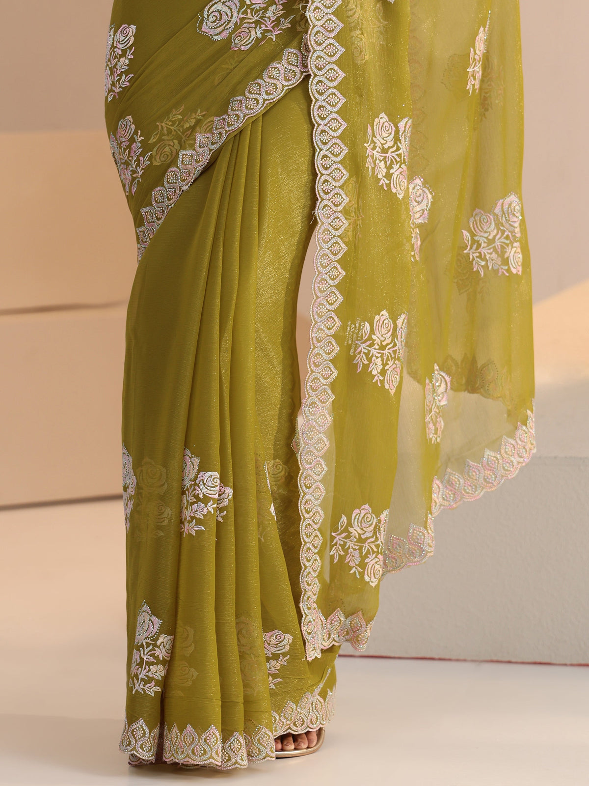 Anouk Light Henna Green Floral Embroidered Chiffon Saree