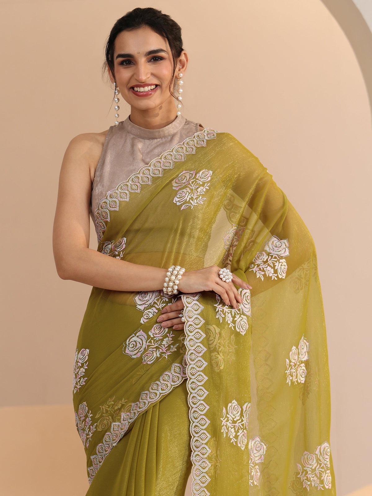 Anouk Light Henna Green Floral Embroidered Chiffon Saree