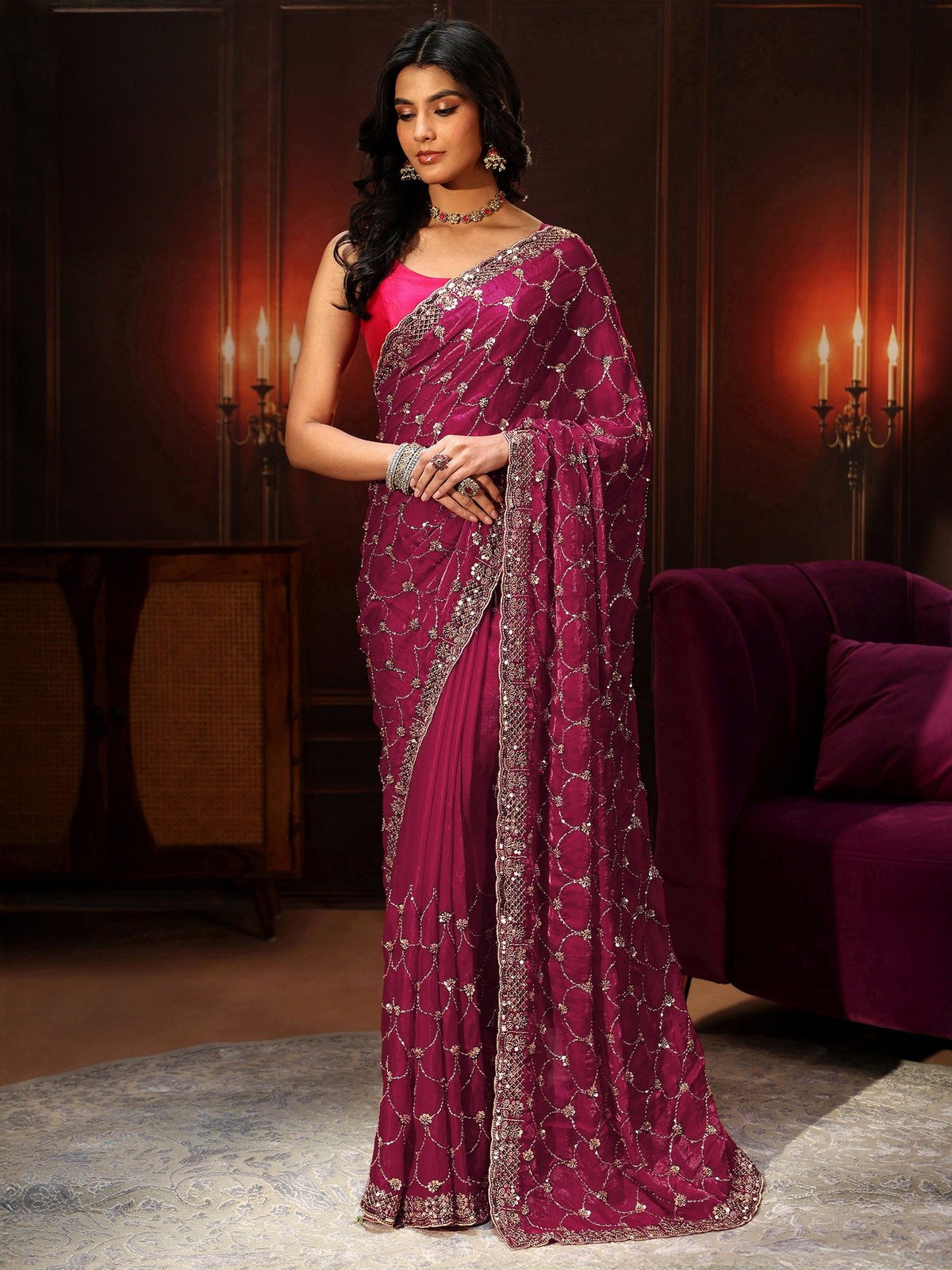 Anouk Art Raspberry Pink Embellished Tissue Saree