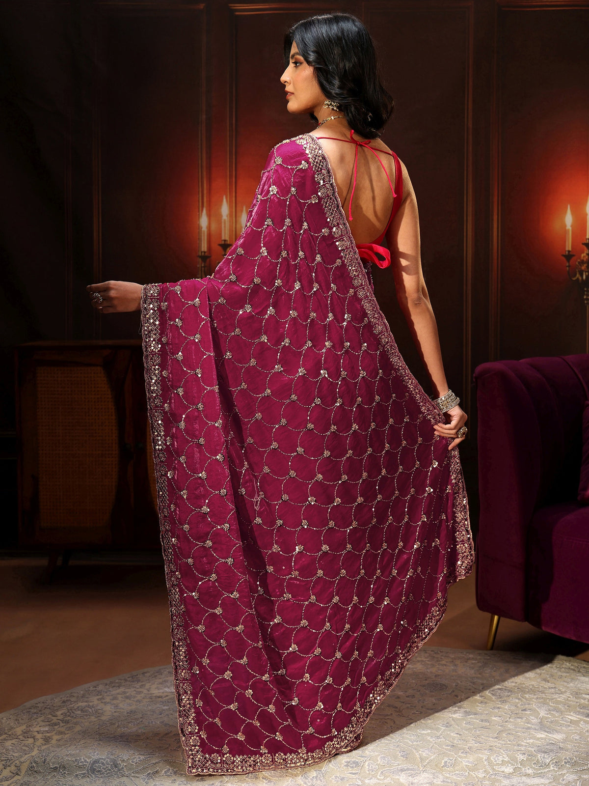 Anouk Art Raspberry Pink Embellished Tissue Saree