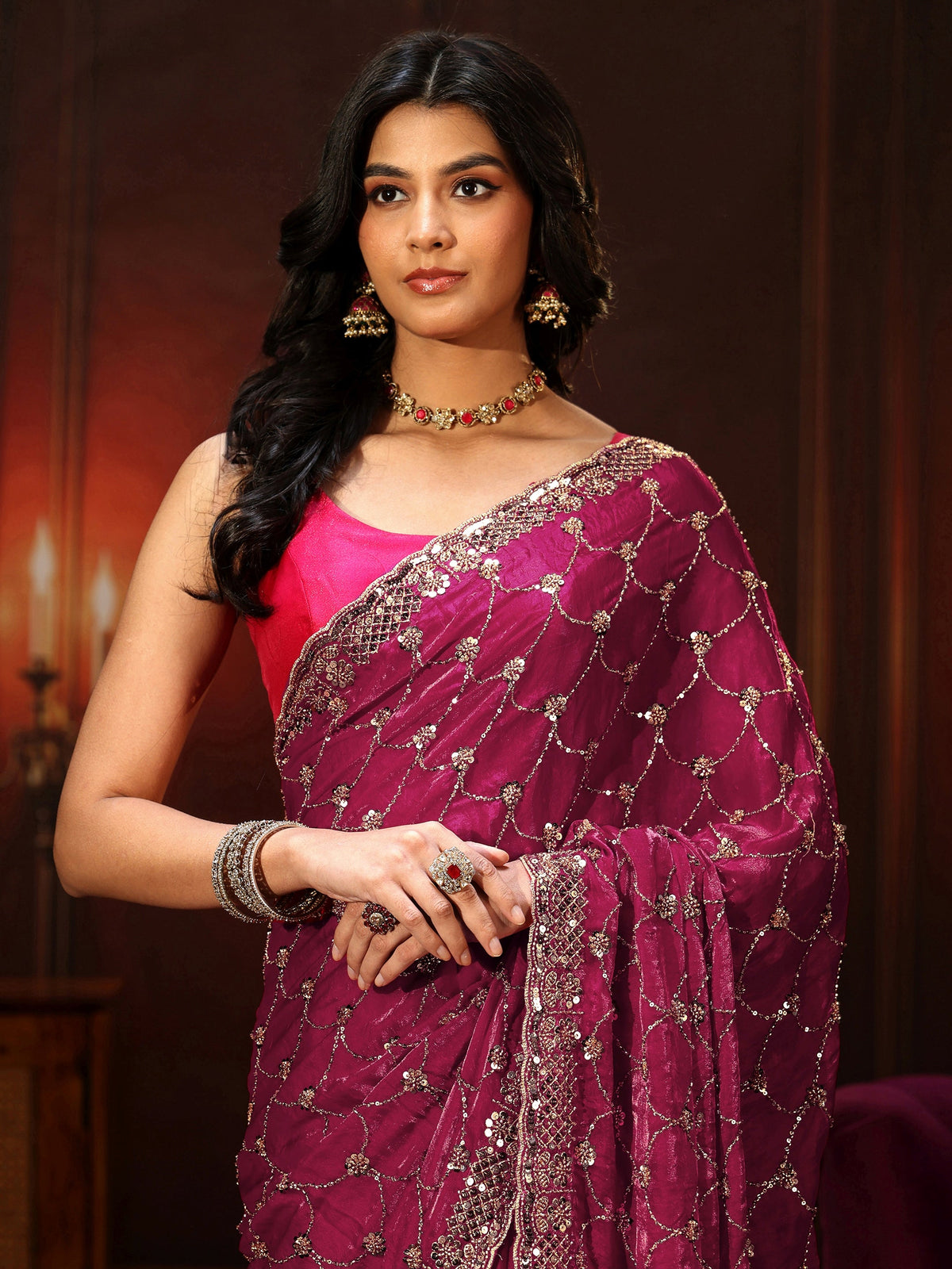 Anouk Art Raspberry Pink Embellished Tissue Saree