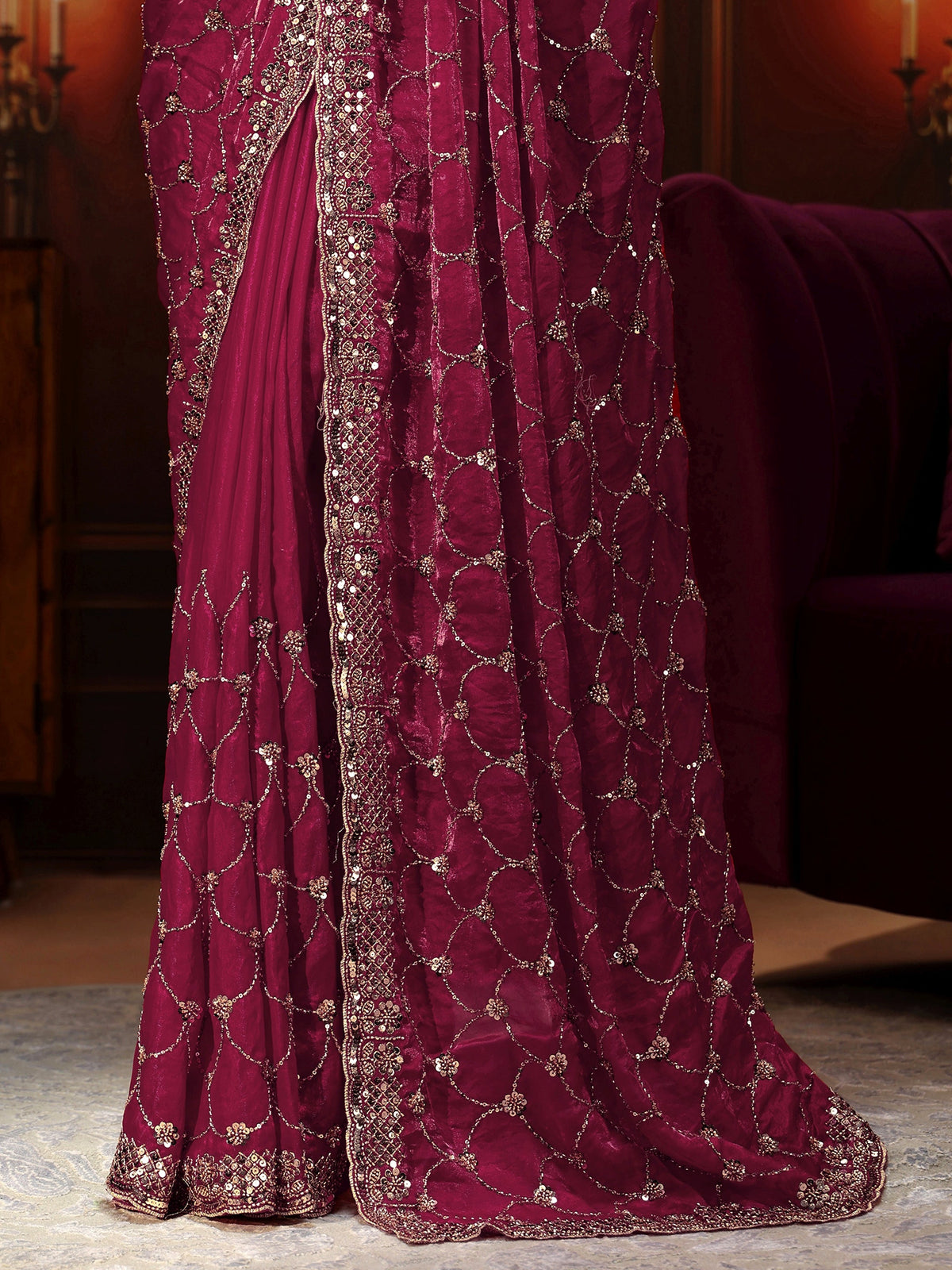 Anouk Art Raspberry Pink Embellished Tissue Saree