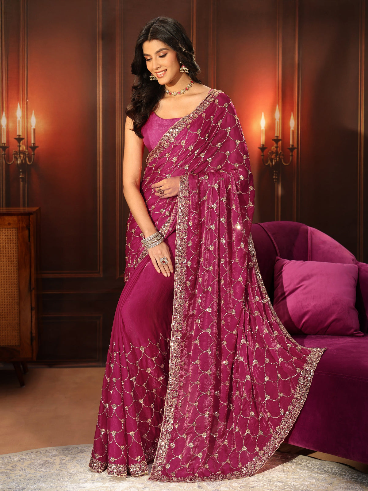 Anouk Art Raspberry Pink Embellished Tissue Saree