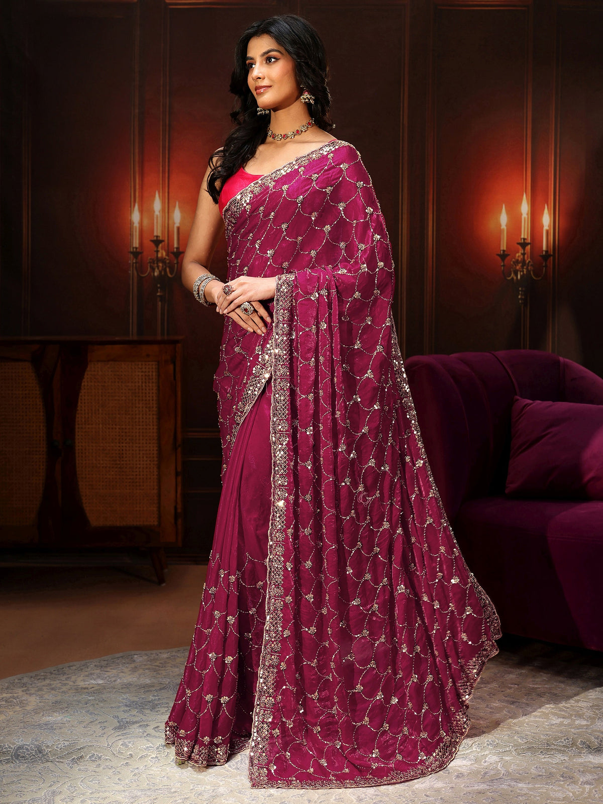 Anouk Art Raspberry Pink Embellished Tissue Saree