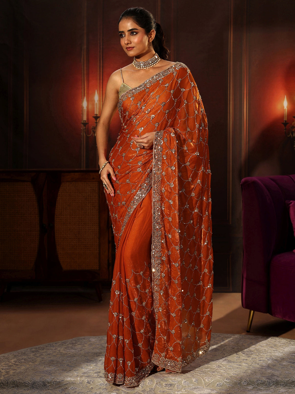 Anouk Art Orange Embellished Tissue Saree