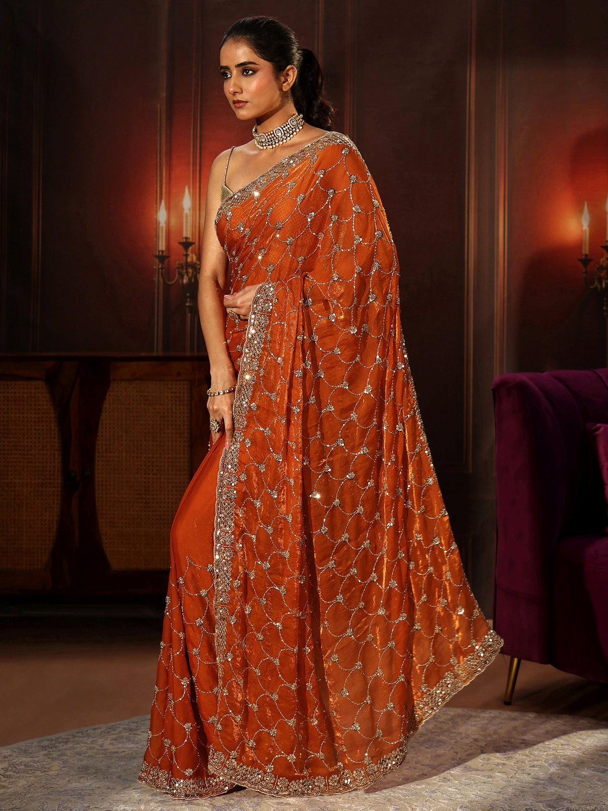 Anouk Art Orange Embellished Tissue Saree