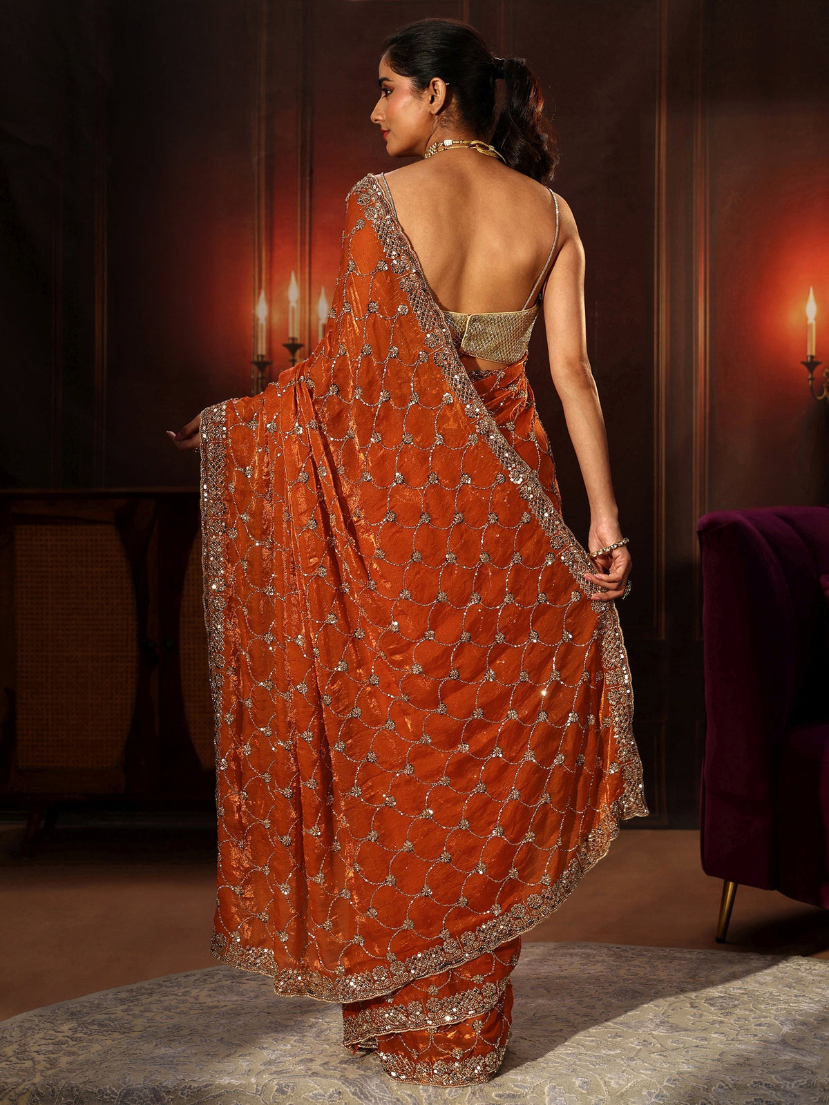 Anouk Art Orange Embellished Tissue Saree