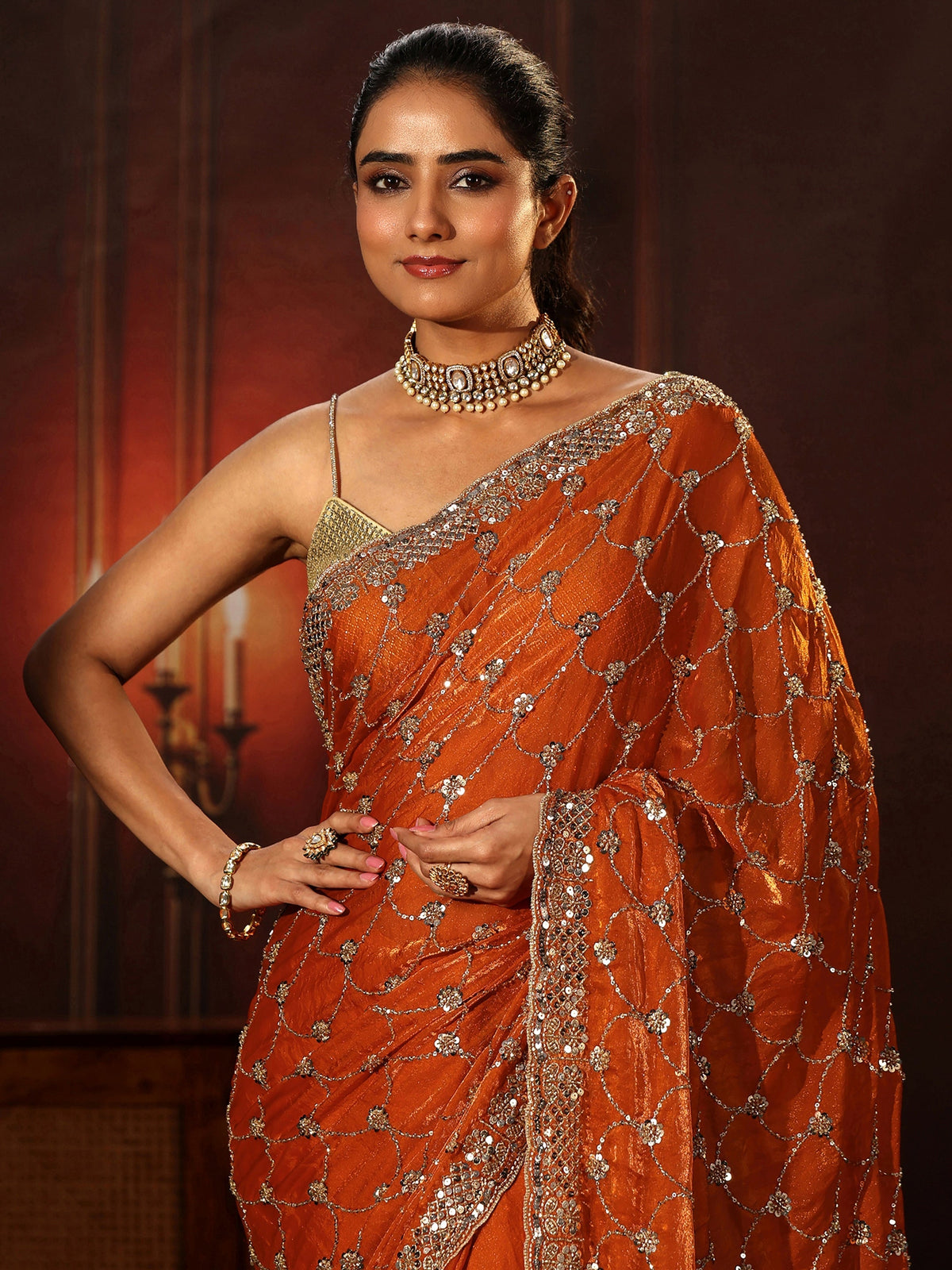 Anouk Art Orange Embellished Tissue Saree
