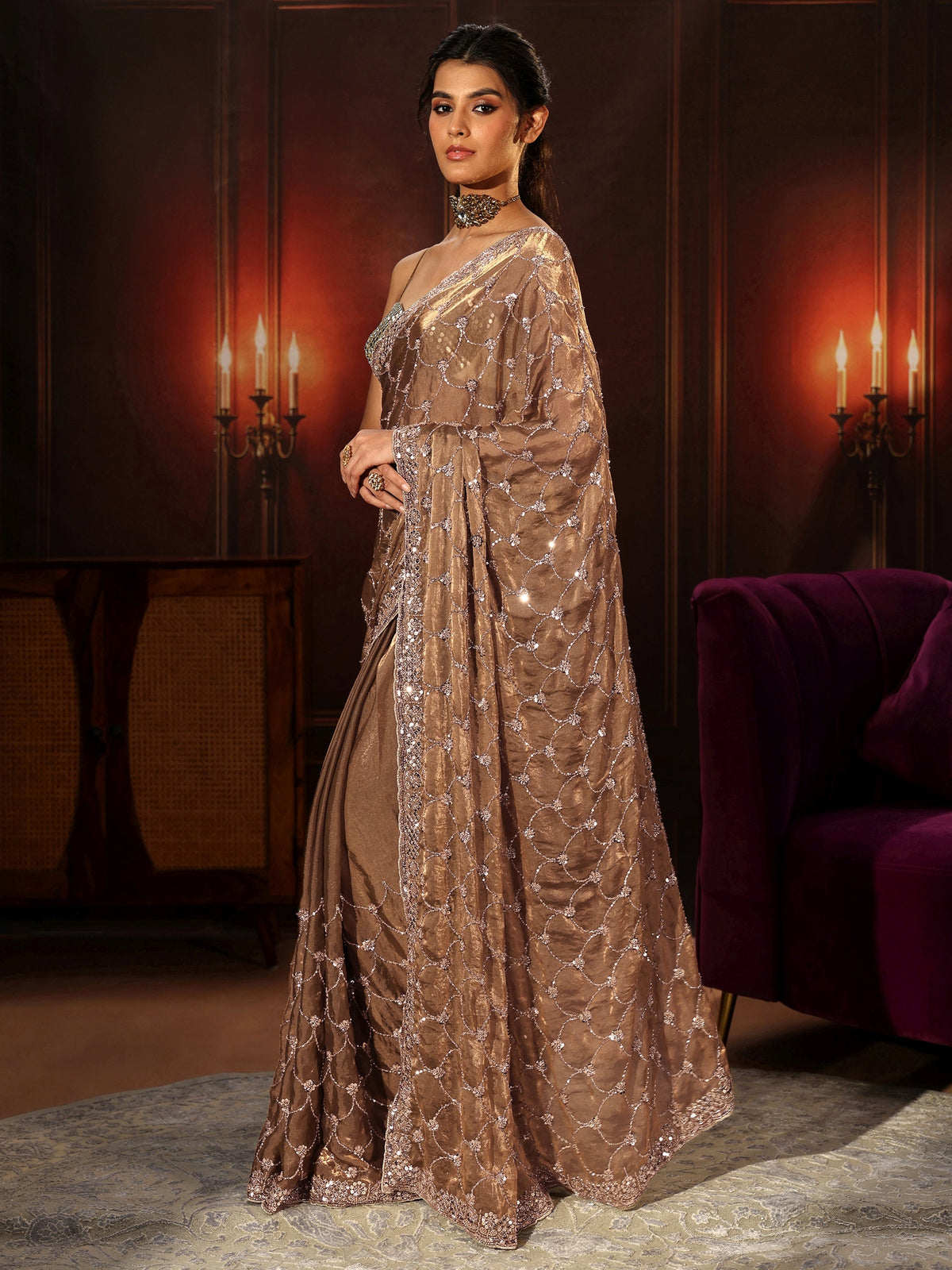 Anouk Art Green Embellished Tissue Saree