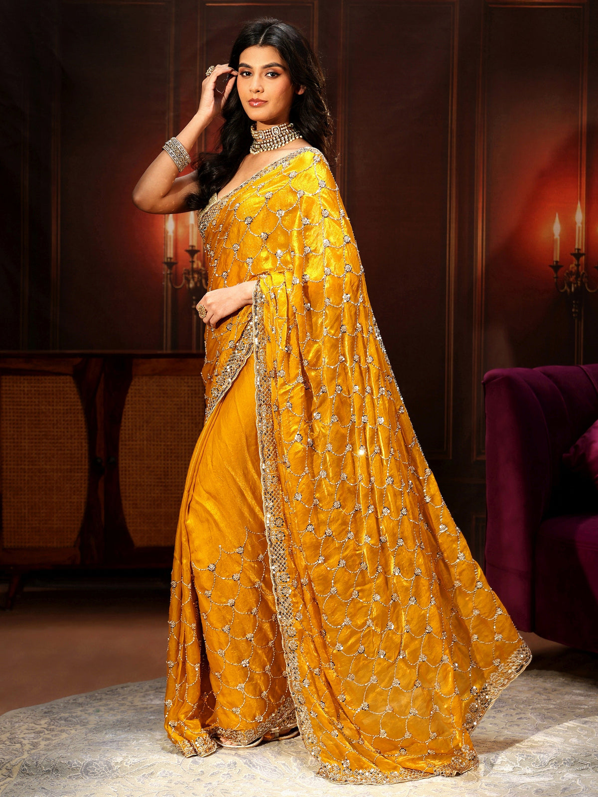 Anouk Art Mustard Embellished Tissue Saree