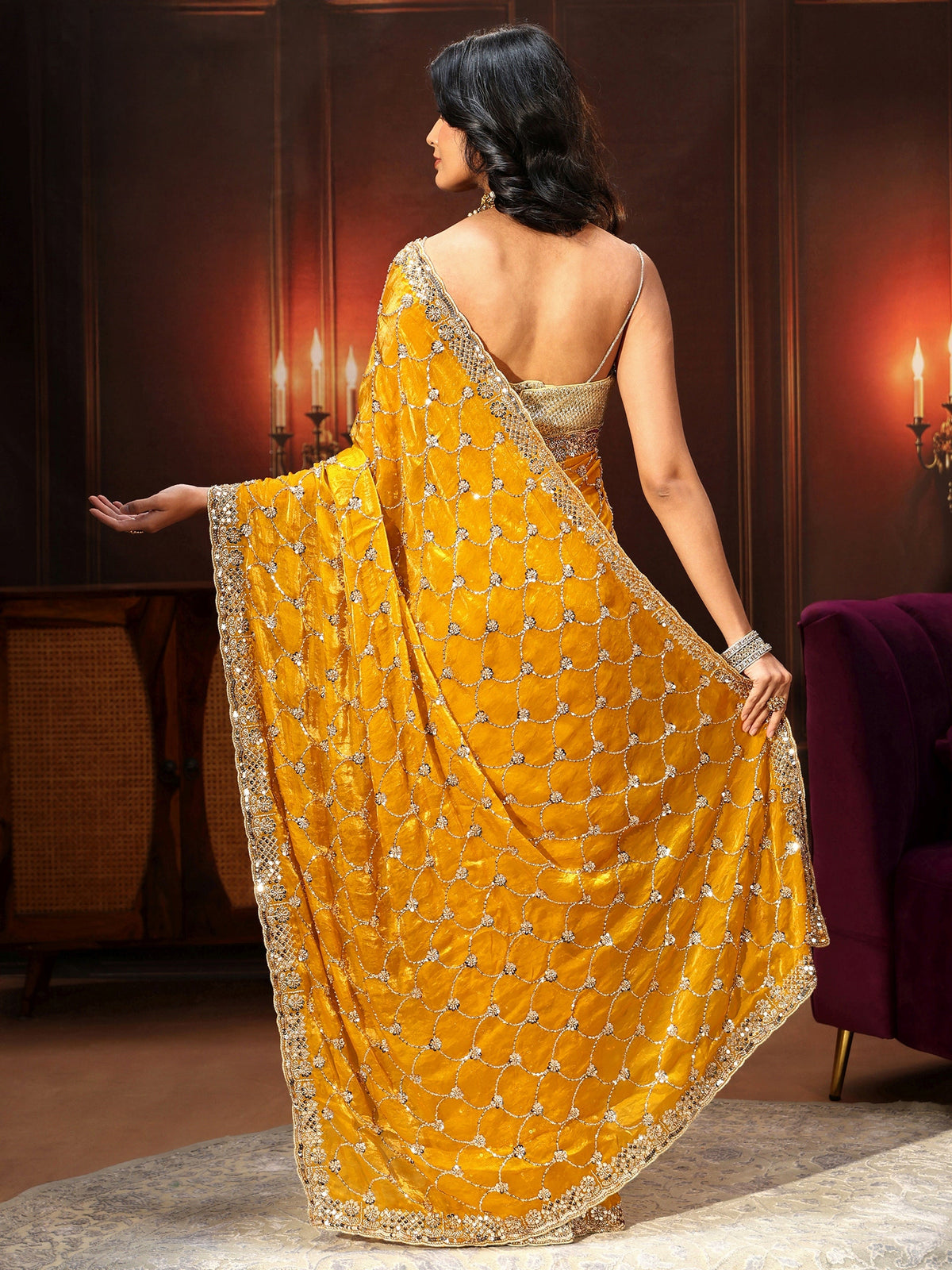 Anouk Art Mustard Embellished Tissue Saree