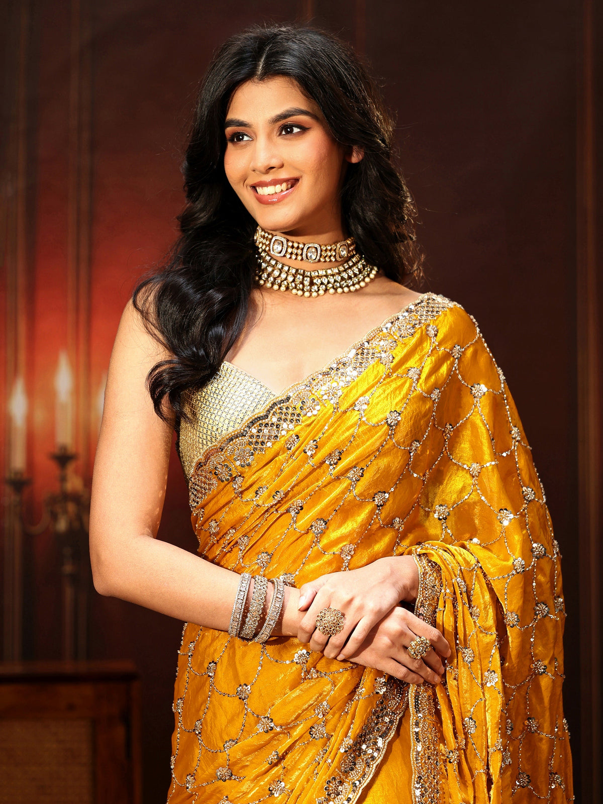 Anouk Art Mustard Embellished Tissue Saree
