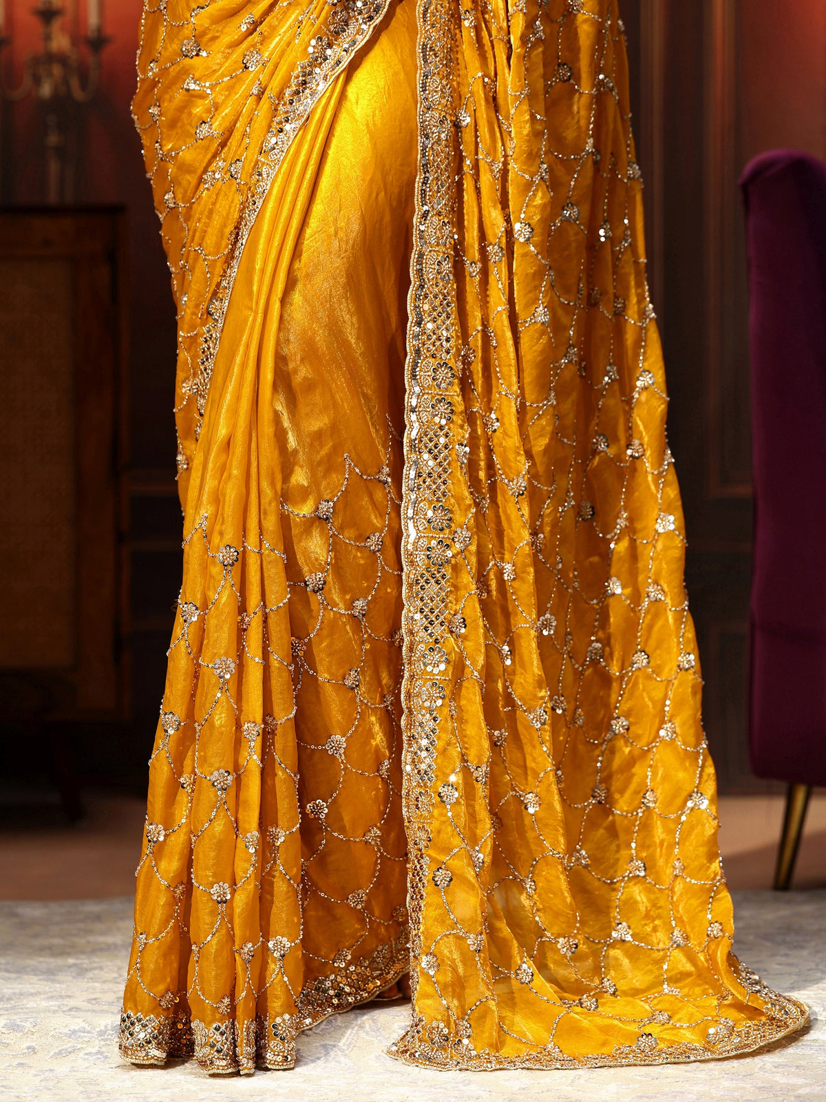 Anouk Art Mustard Embellished Tissue Saree