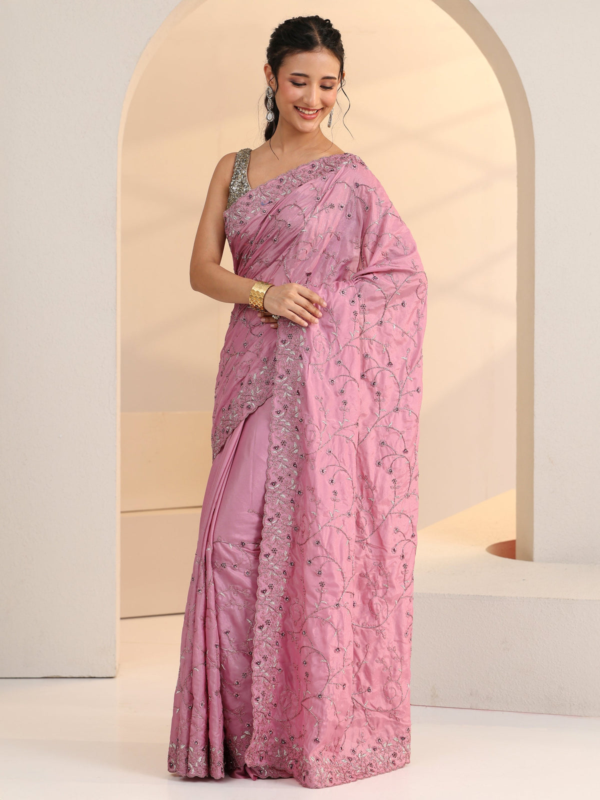 Anouk Dusty Rose Pink Floral Embroidered Satin Saree