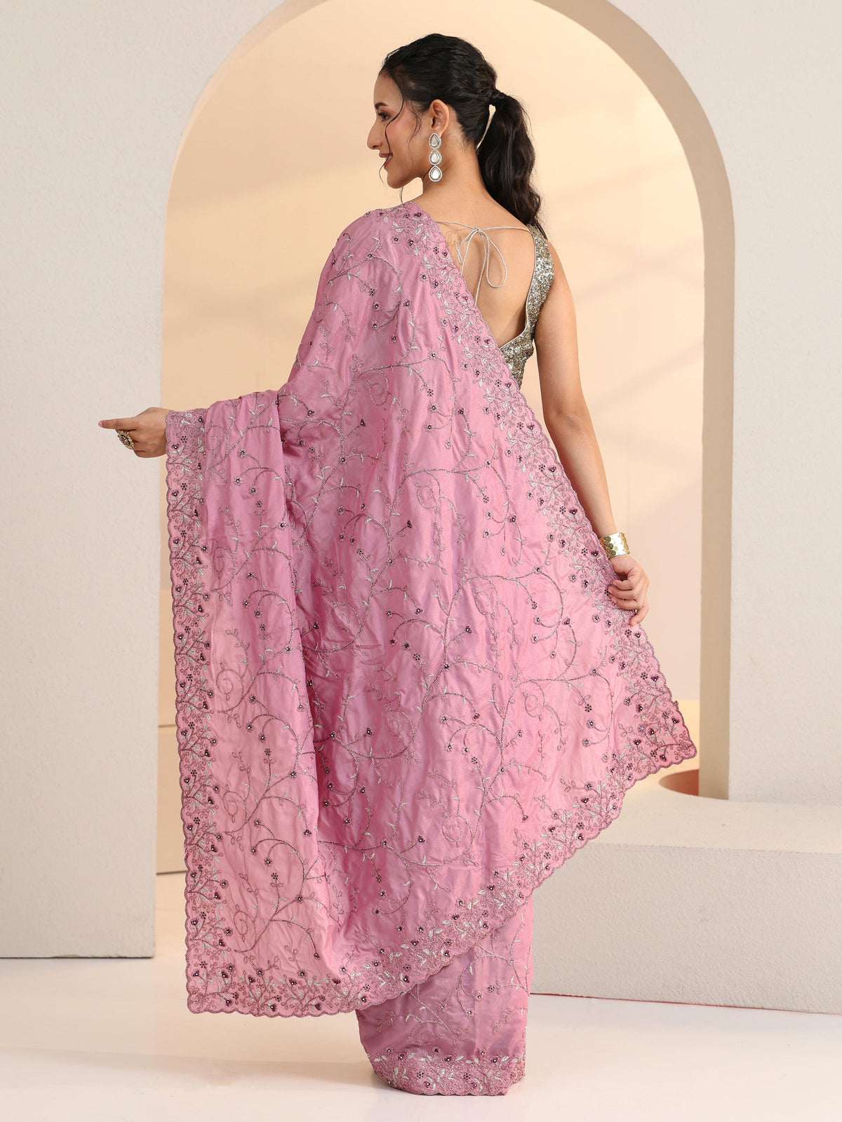 Anouk Dusty Rose Pink Floral Embroidered Satin Saree