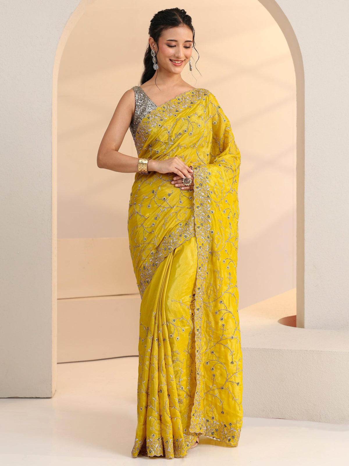 Anouk Mustard Floral Embroidered Satin Saree