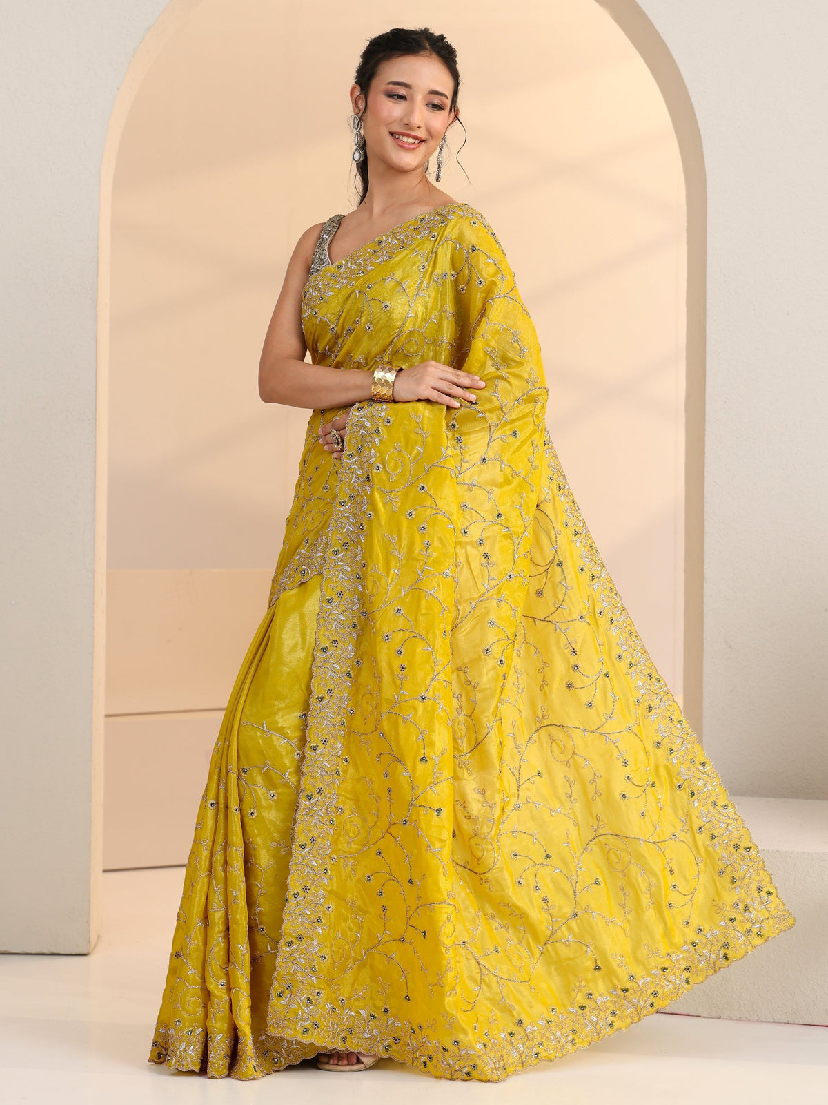 Anouk Mustard Floral Embroidered Satin Saree