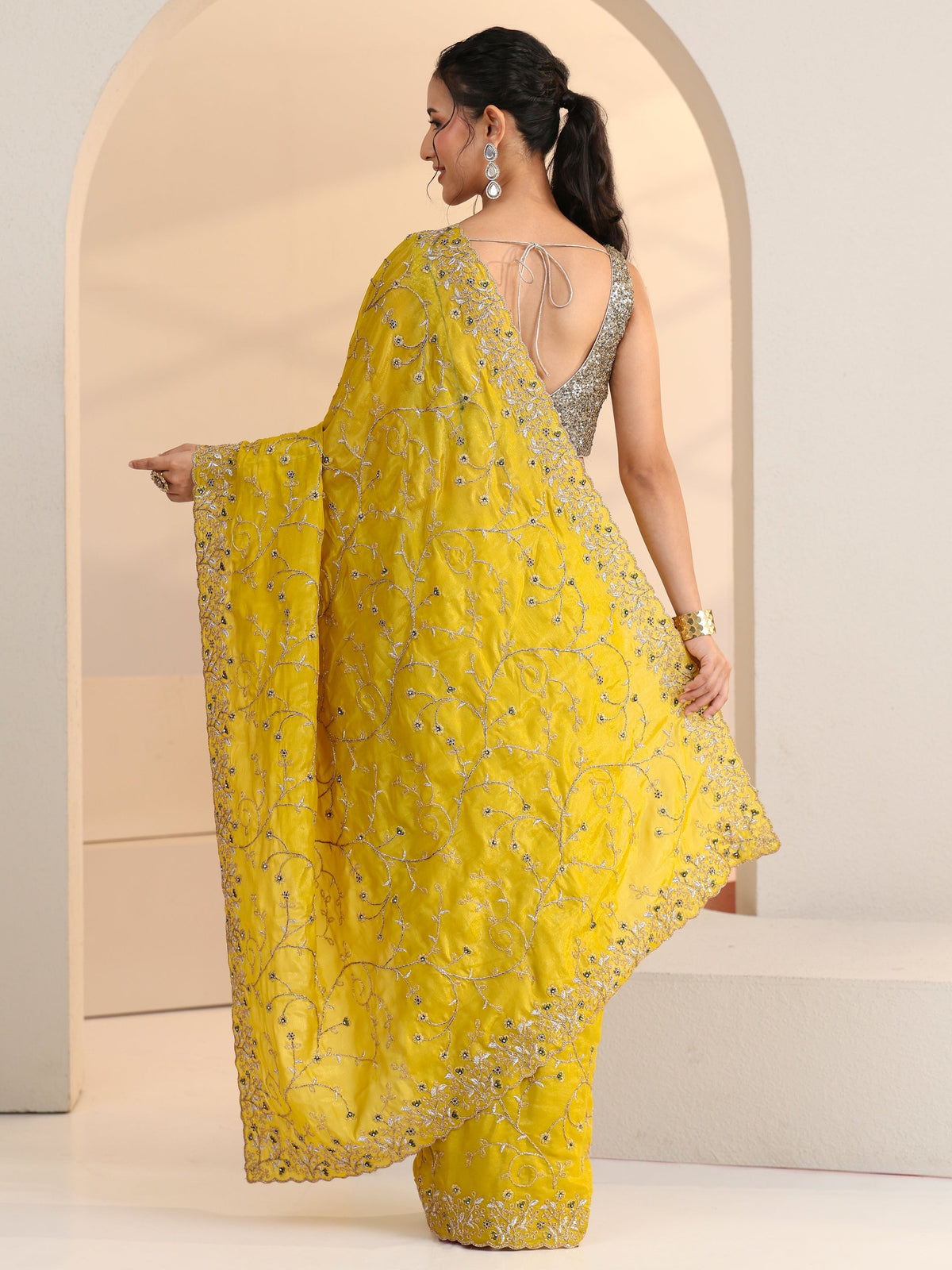 Anouk Mustard Floral Embroidered Satin Saree