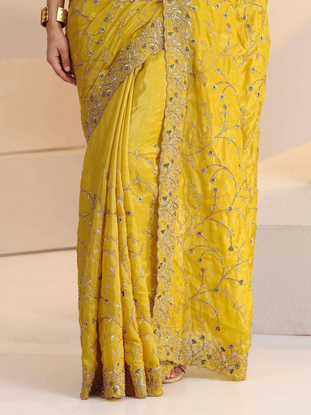 Anouk Mustard Floral Embroidered Satin Saree