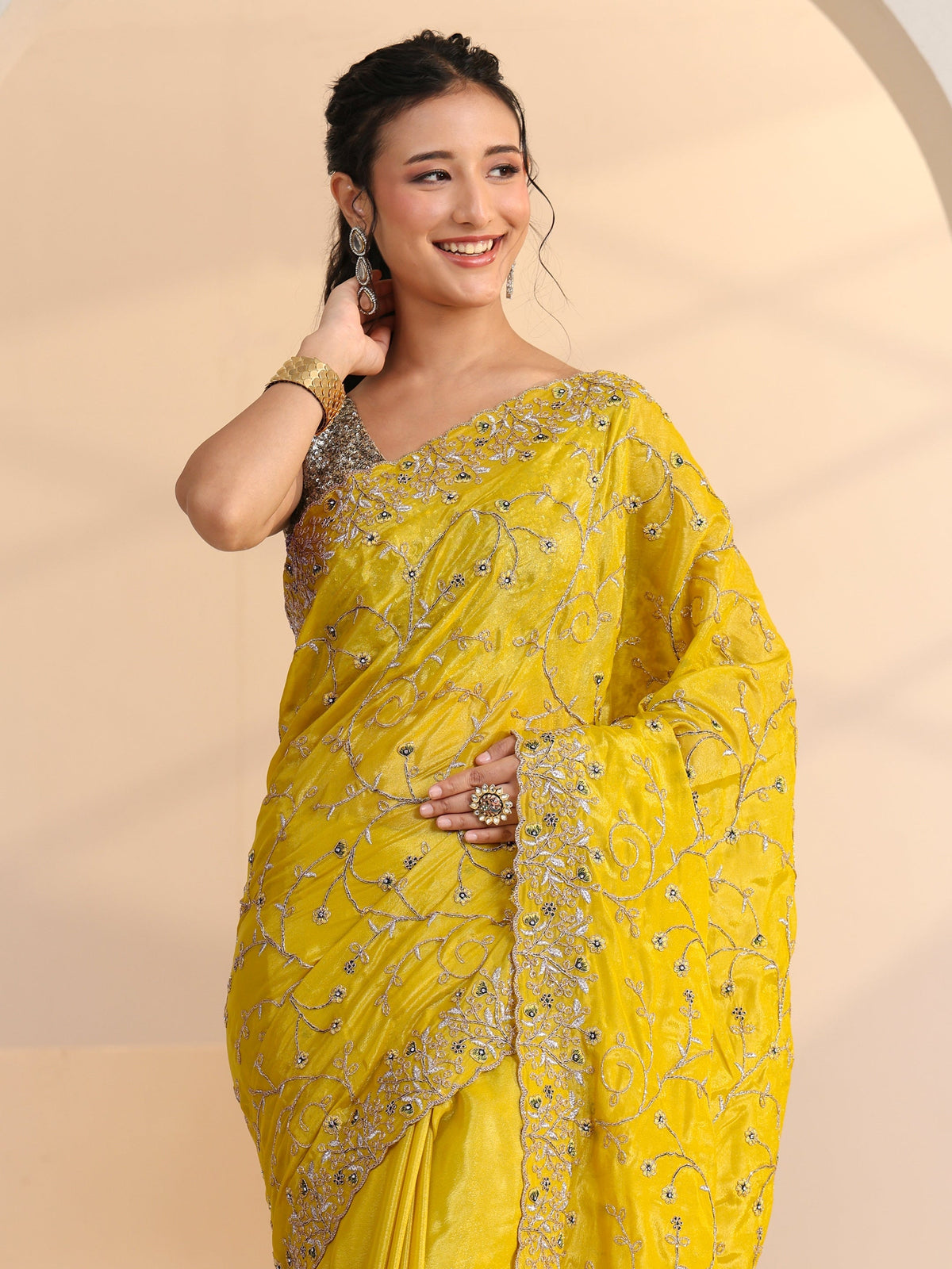 Anouk Mustard Floral Embroidered Satin Saree