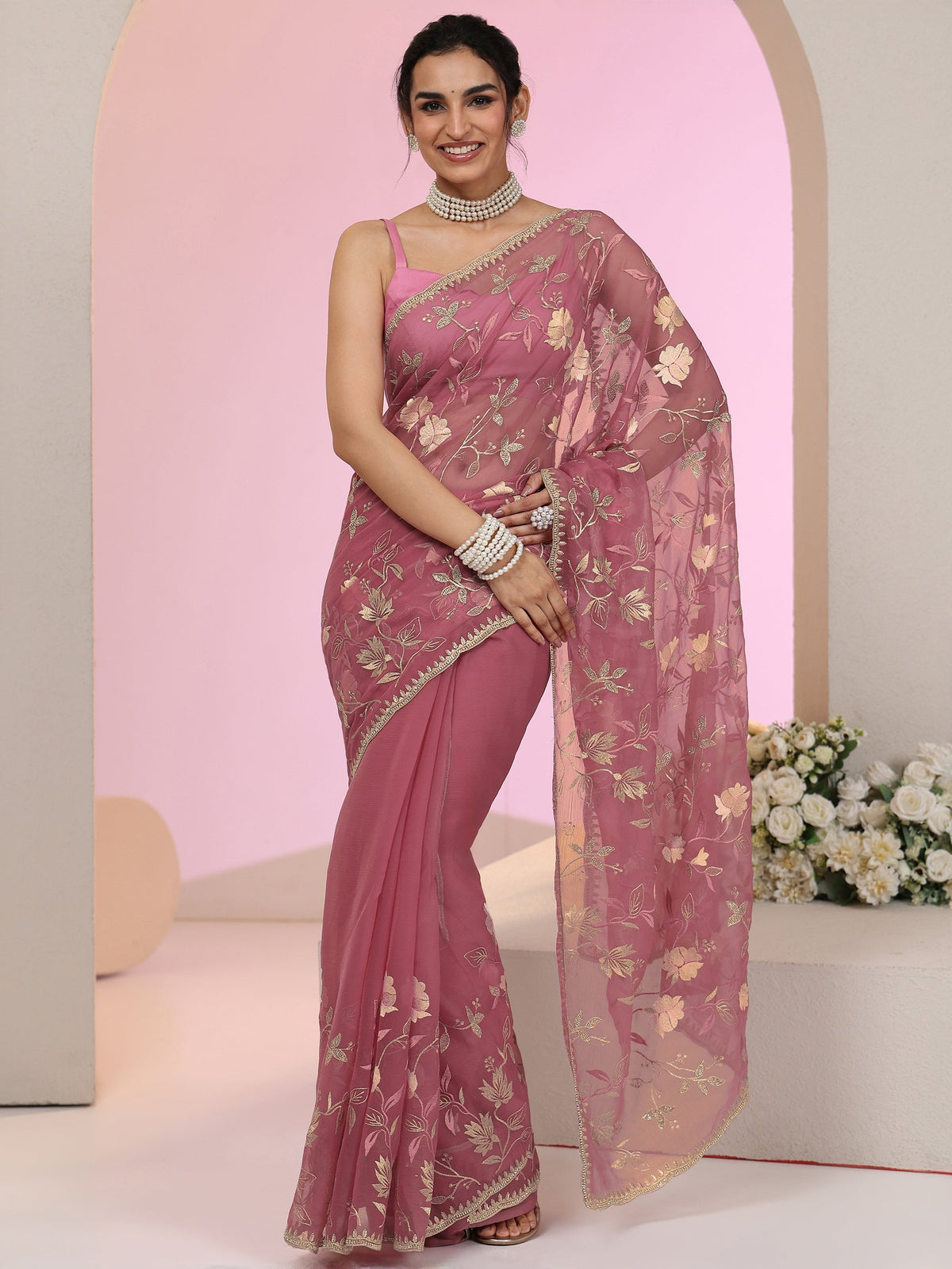 Anouk Dusty Rose Pink Floral Embroidered Chiffon Saree
