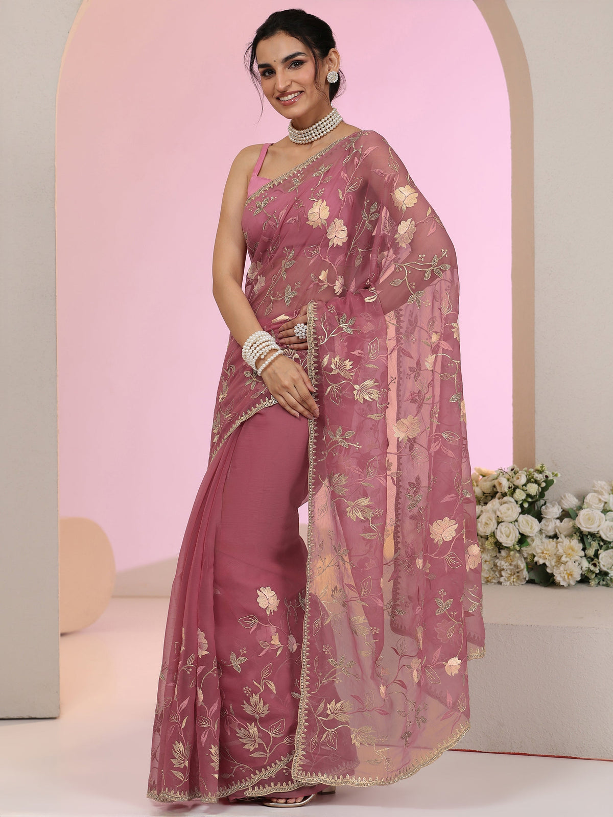 Anouk Dusty Rose Pink Floral Embroidered Chiffon Saree