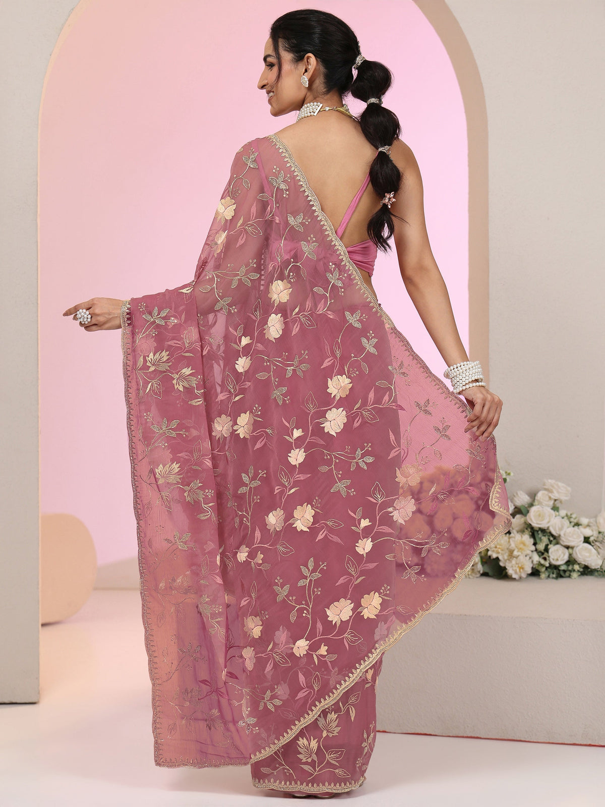Anouk Dusty Rose Pink Floral Embroidered Chiffon Saree