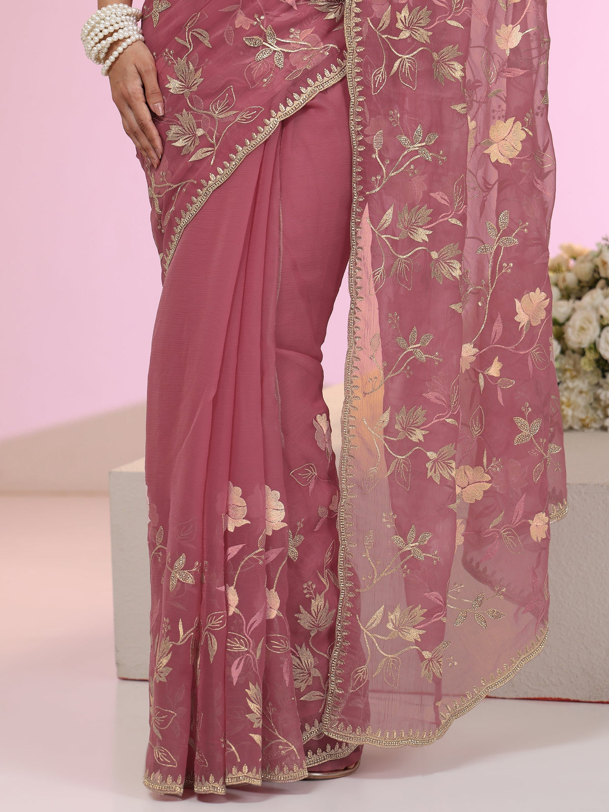 Anouk Dusty Rose Pink Floral Embroidered Chiffon Saree
