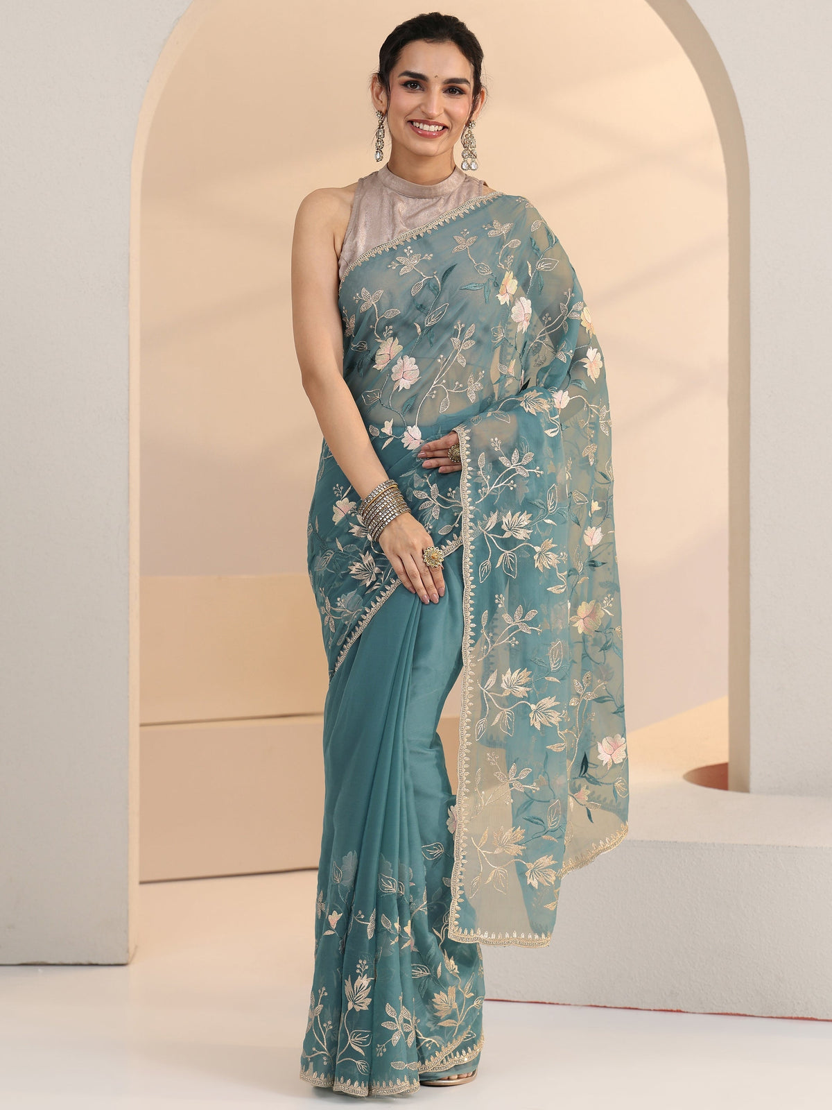 Anouk Dusty Blue Floral Embroidered Chiffon Saree