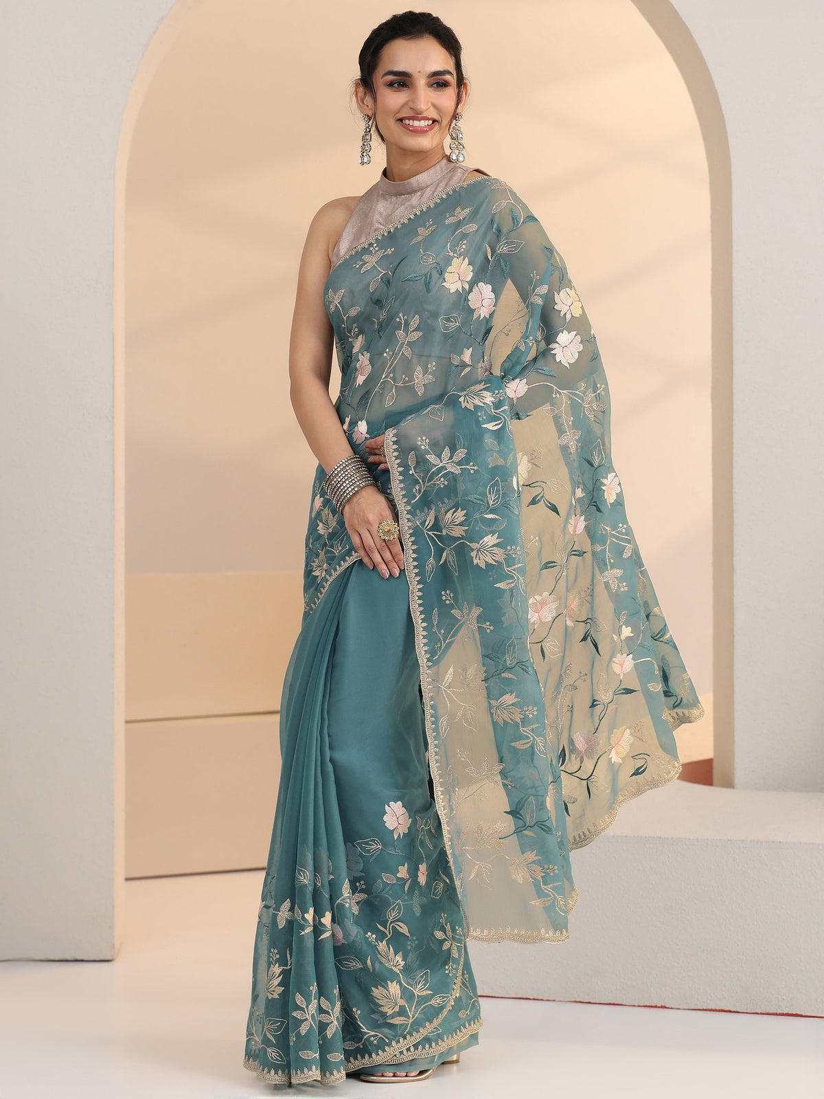 Anouk Dusty Blue Floral Embroidered Chiffon Saree