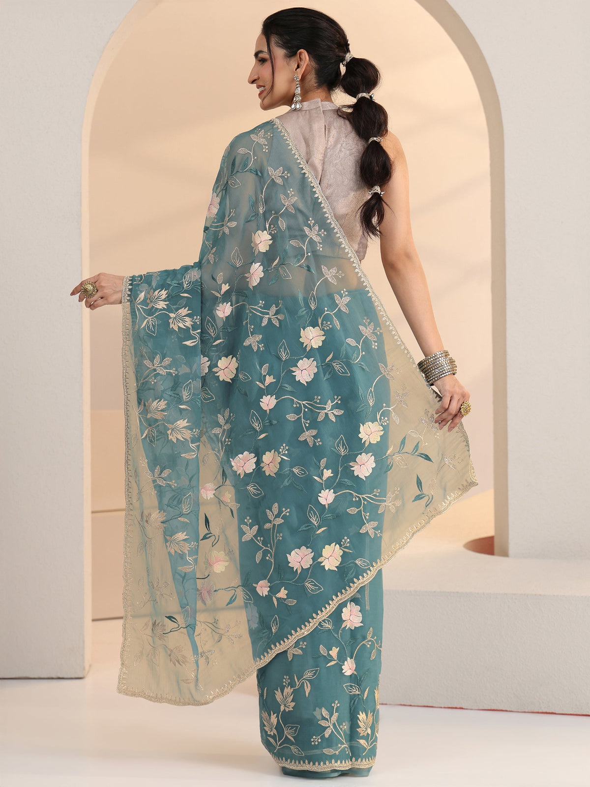 Anouk Dusty Blue Floral Embroidered Chiffon Saree