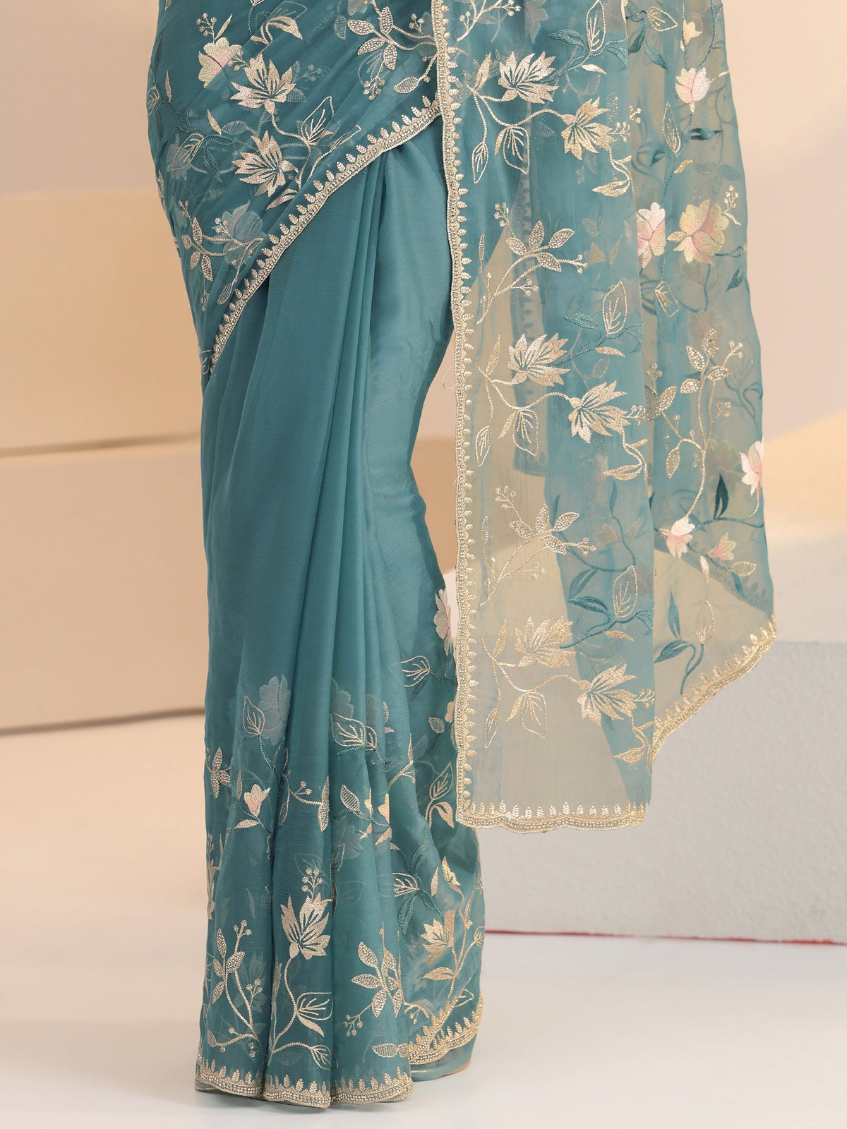 Anouk Dusty Blue Floral Embroidered Chiffon Saree